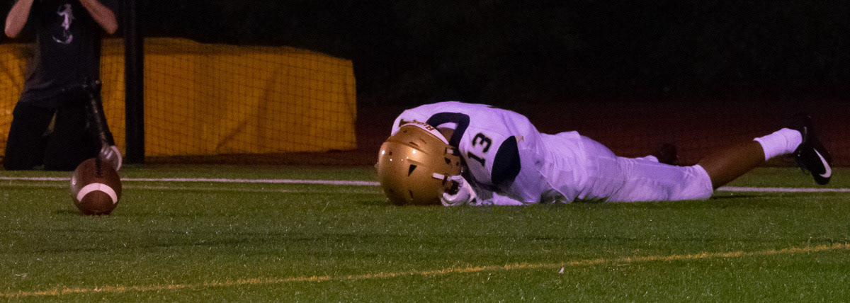 Senior Jason Martin(13) of Canisius drops the ball in the end zone during the McQuaid Jesuit and Canisius High School Varsity Football game at McQuaid Jesuit High School on September 7th 2018 in Brighton NY. (Photo By Zhen Humenn)
