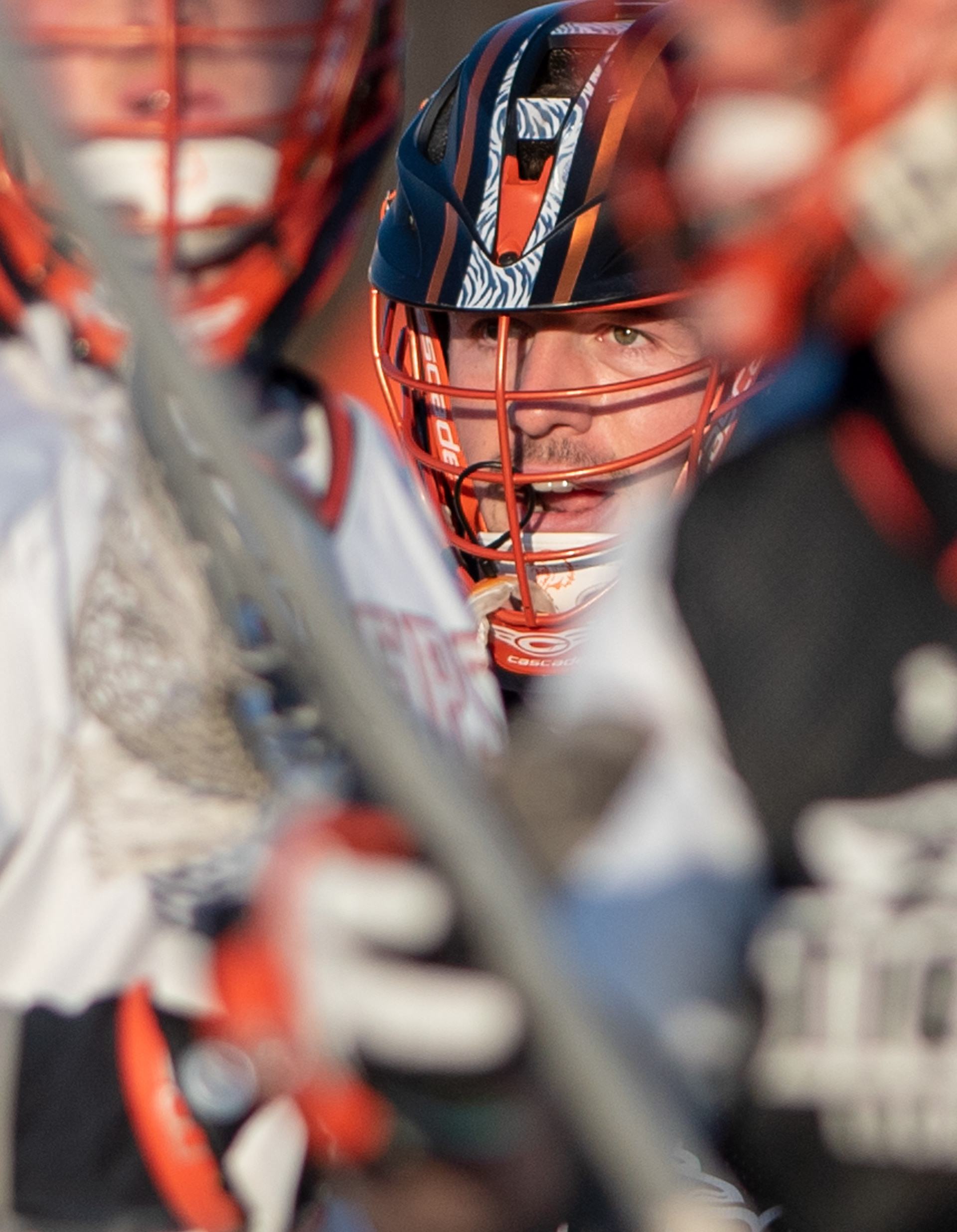 Junior Ryan Agadel of RIT calls out to the rest of his team during warmups of the RIT and Ithaca game at the RIT Turf in Rochester NY on April 10th, 2019.  RIT won 18-7.