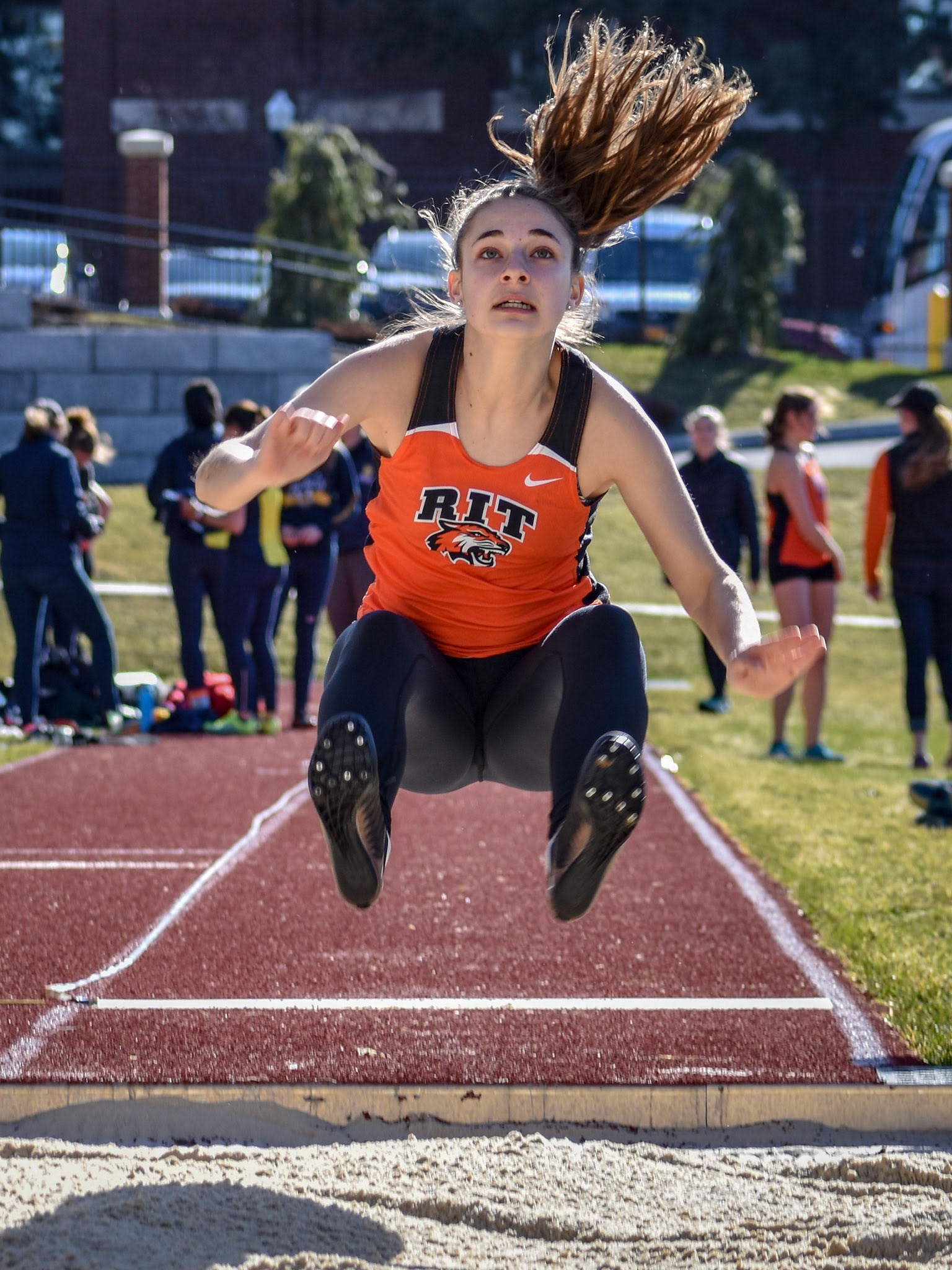 Emily Bernabeo, an RIT Freshman, competes in the long jump in the meet against Alfred State and University of Rochester on April 10th 2018 at the University of Rochester Track, in Rochester NY.