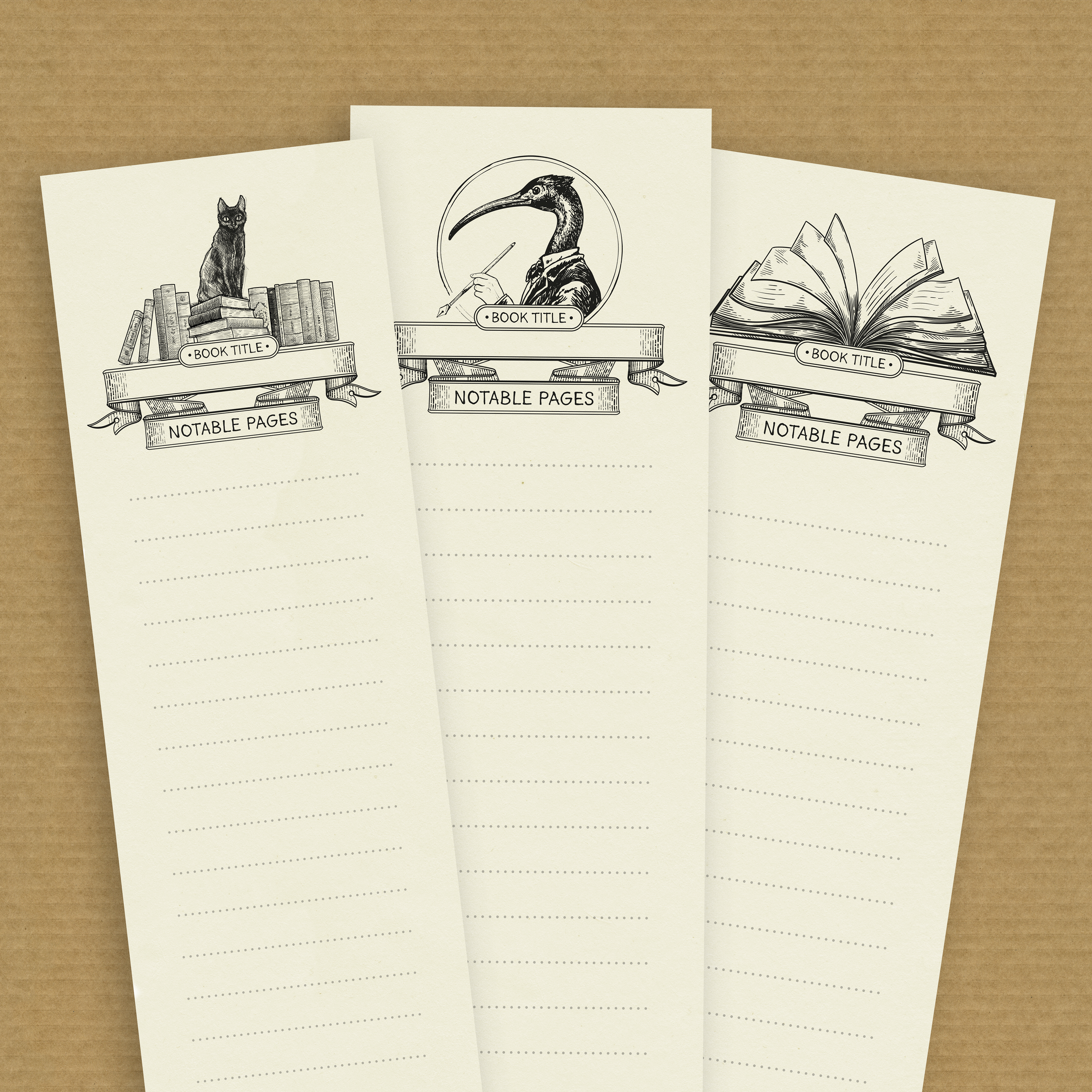 Three Note-taking bookmarks with lines for writing and each featuring a different image: a black cat with books, the Egyptian god of knowledge (Thoth), and an open book.