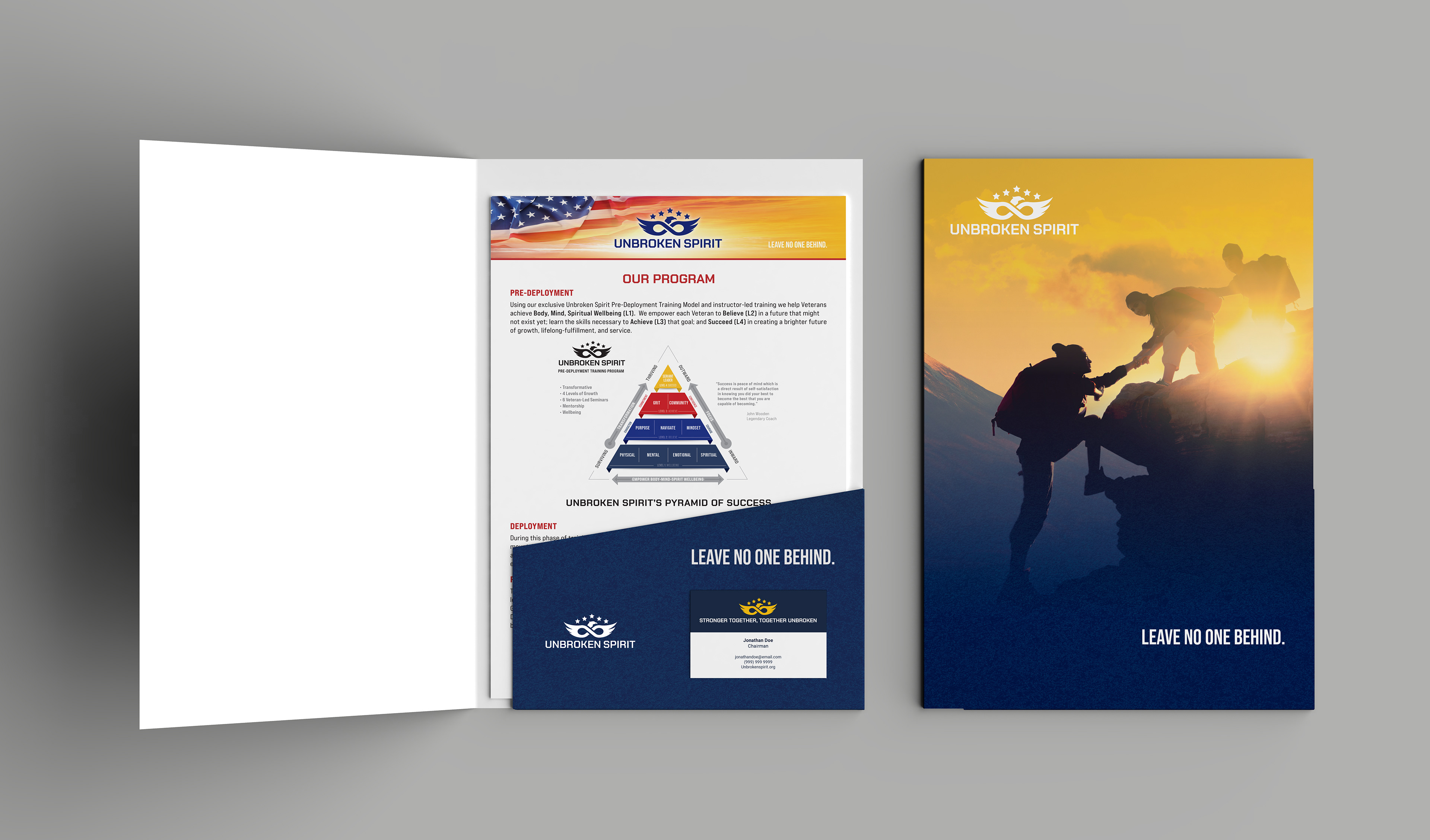 Pocket folder with stationery and buiness cards for Unbroken Spirit a non-profit veterans organization