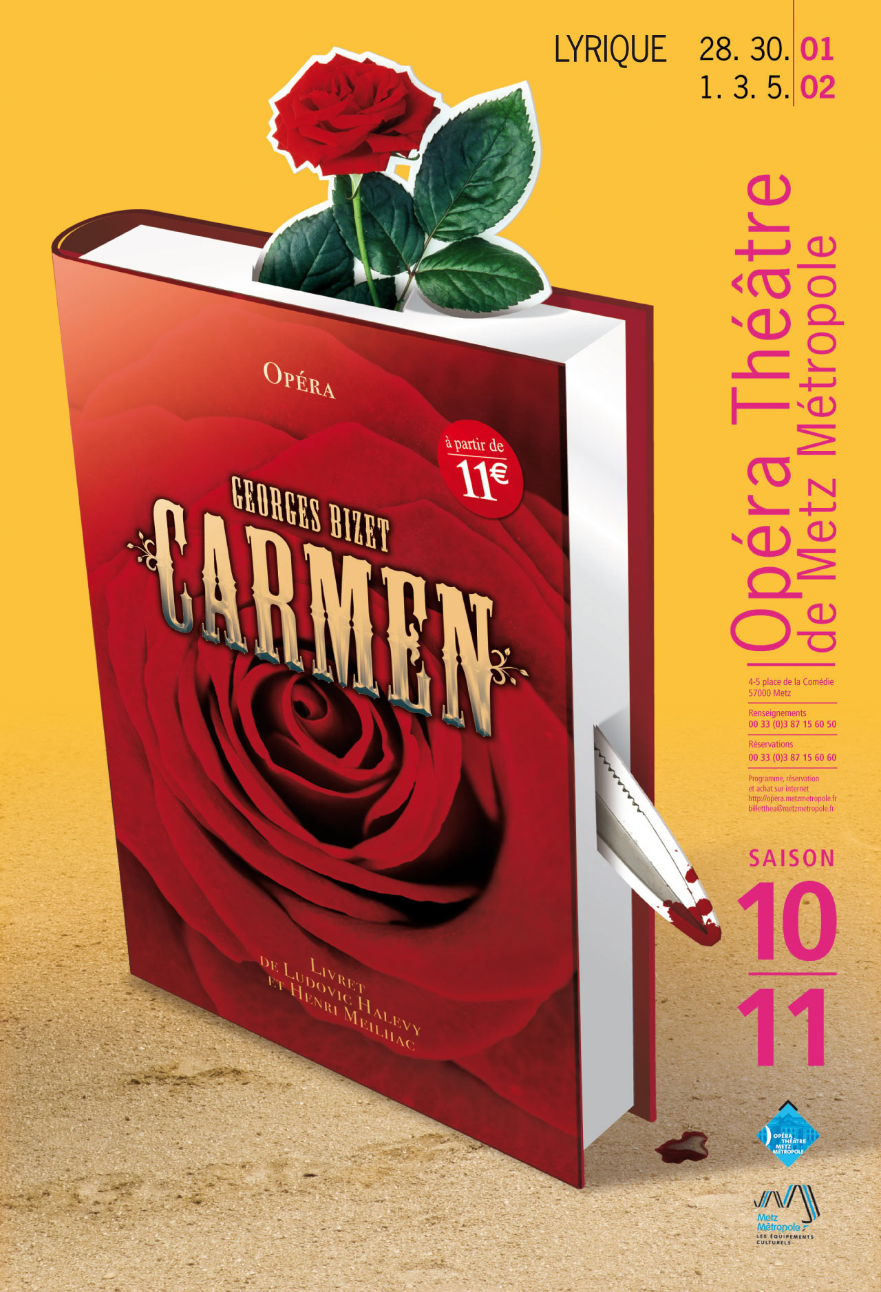 Sur le sable fin de l’arène, le livre est mis à mort. De ses pages dépassent deux marque-pages : une rose rouge, celle que Carmen offre à Don José pour l’envoûter, une dague où perle une goute de sang frais, celui de Carmen poignardée par son amant désespéré. La couverture du livre reprend le thème des grands romancierss à succès (cf. Mary Higgins Clark, Gilles Grangier, Harlam Coben...). La rose d’Albert Longo dans sa spirale envoutante côtoie les lettres dorées reflétant la lumière du soleil du sud.