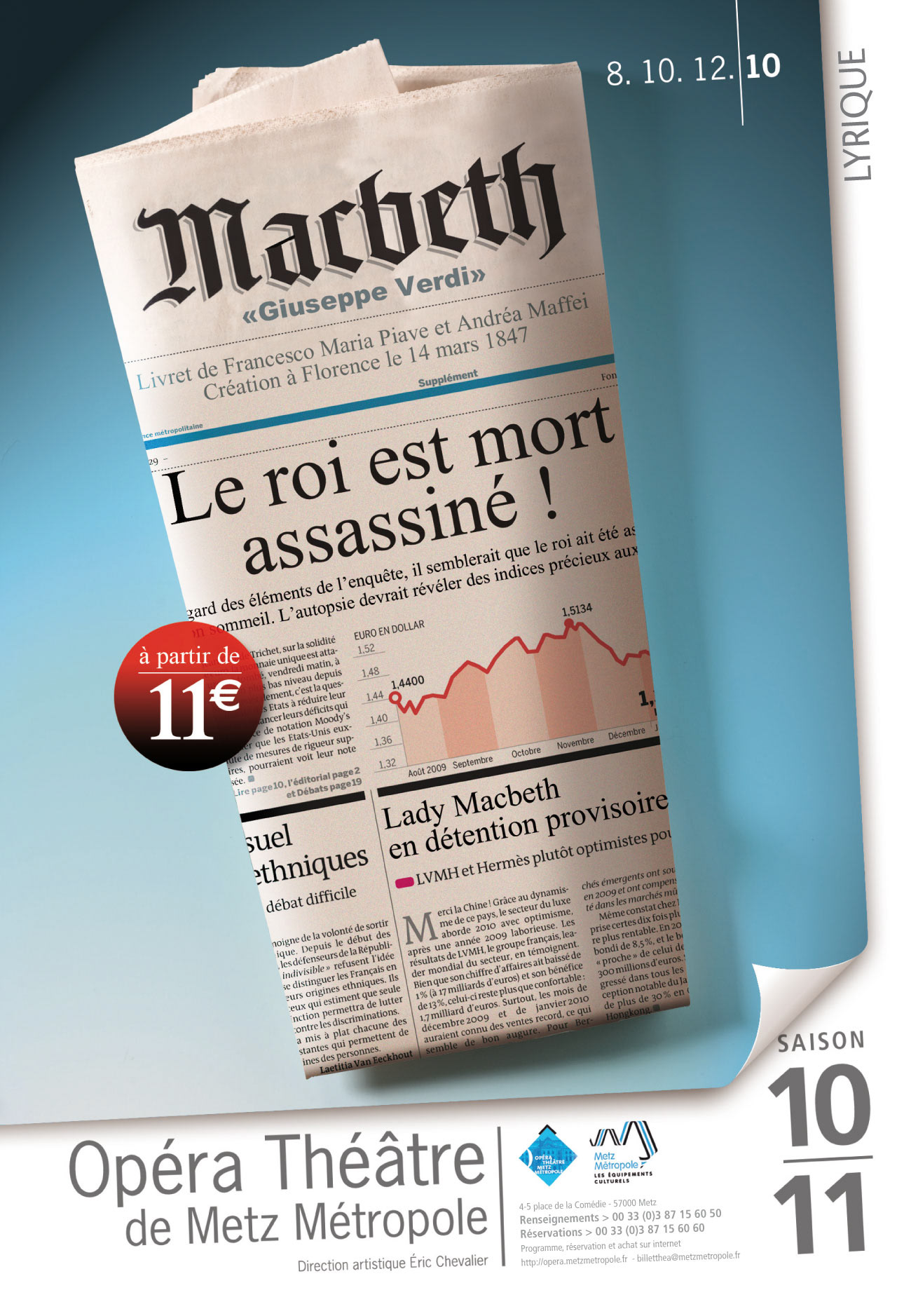 Un journal plié laisse apparaître les gros titres qui font la “Une”. “ Le roi est mort assassiné.... Lady Macbeth en détention provisoire...” les cours de la bourse s’effondrent. Ce journal pourrait être “Le Monde” diplomatique. Le titre de l’oeuvre suggère le bandeau d’un célèbre quotidien. L’oeuvre écrite puise son inspiration dans l’actualité aussi. Un souverain est assassiné : quoi de plus normal que de retrouver cette information à rebondissements multiples à la Une des plus grand quotidiens et de suivre l’évolution de cette intrigue tortueuse au fil des jours.