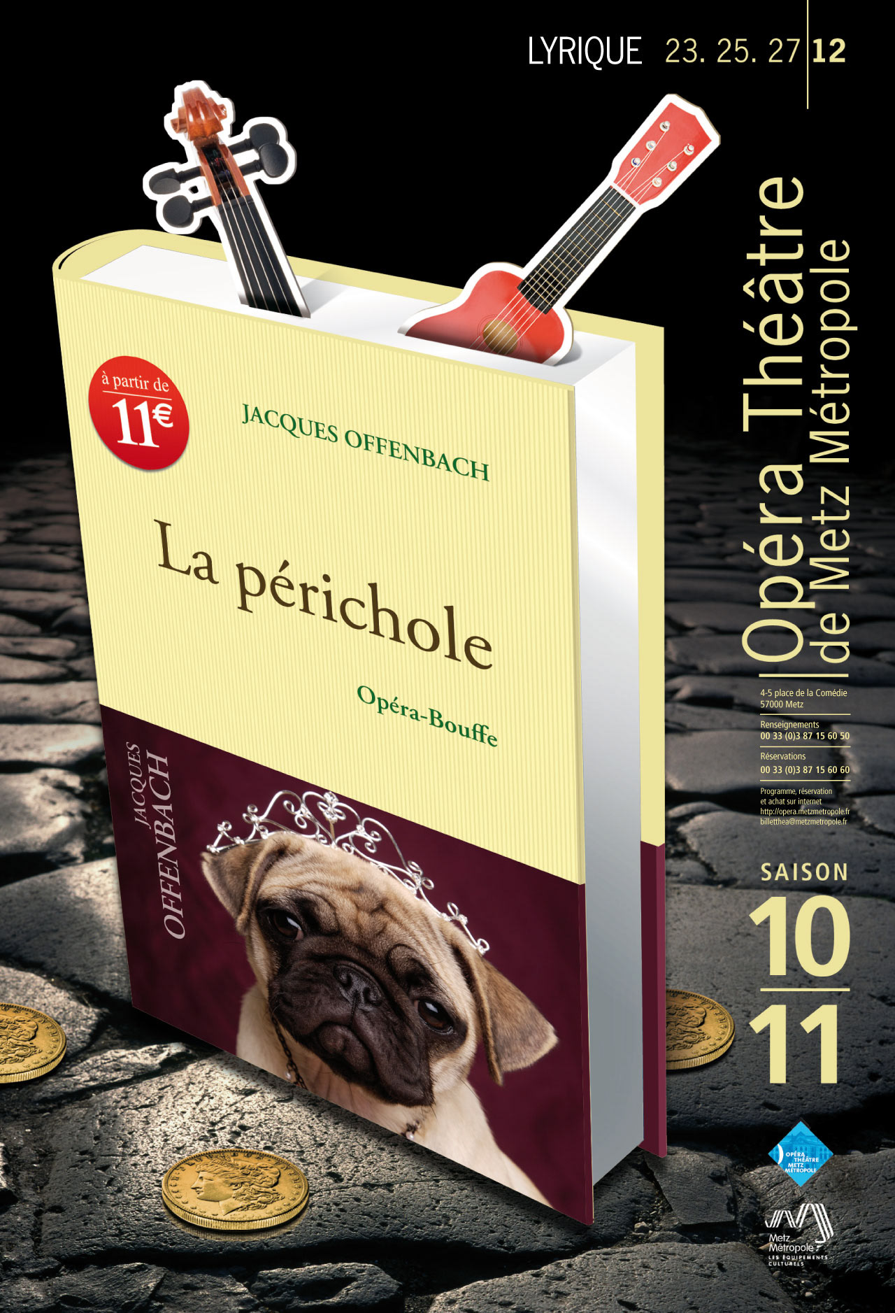 Ici aussi, le livre est mis en scène dans l’univers relatif à l’oeuvre présentée : des musiciens des rues qui mendient sur le pavé. La couverture évoque la collection 10-18 et illustre de façon humoristique mais forte le personnage de la Périchole (Chienne d’indigène) qui passe de l’ombre des rues aux lumières de la cour du vice roi grâce à son physique et son charme incontestable. Le décalage est flagrant. Les pièces mendiées sur le pavé évoquent aussi la face du vice roi, c’est en montrant cette pièce à la belle qu’il la convaint de sa véritable identité évitant ainsi de perdre la ... face.