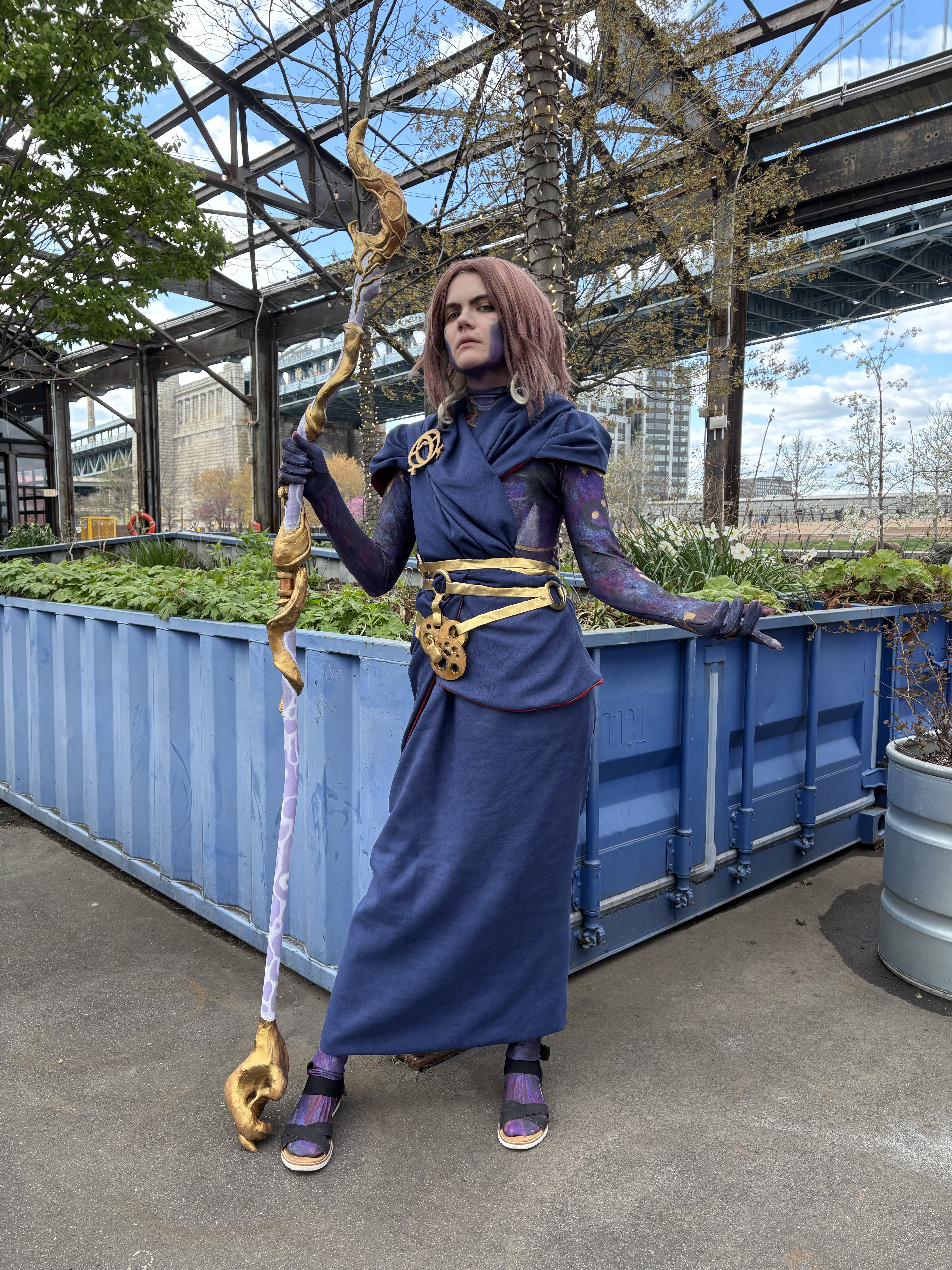 Hand-patterned robe and belts. Hand painted and tailored bodysuit. Staff designed and built by hand. Custom wig dye job, 2025