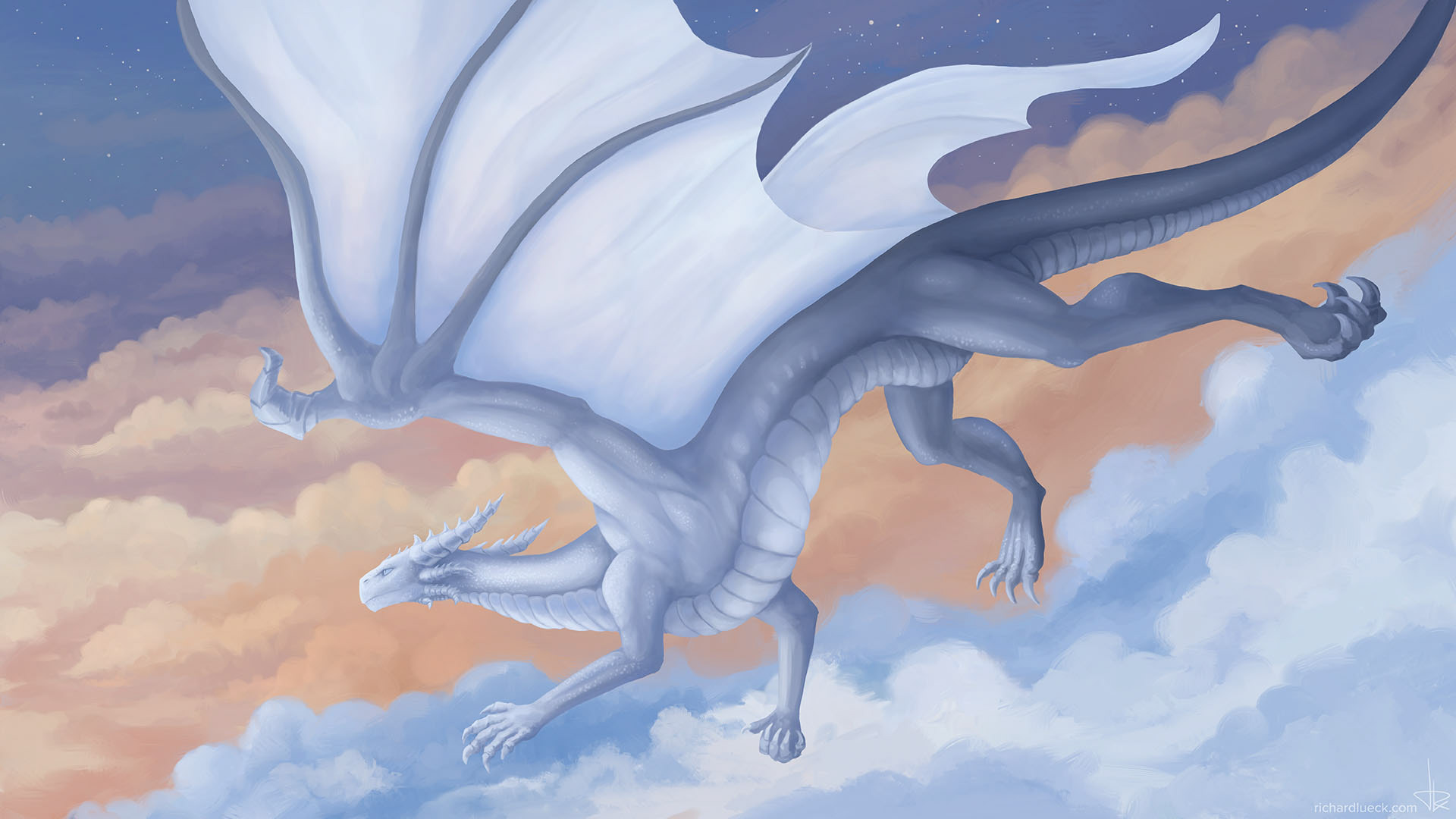 calm flying dragon in cloudy sky sunset