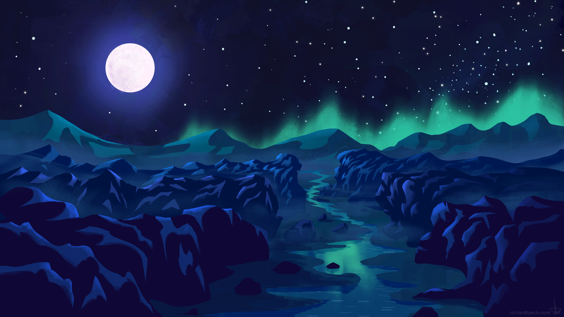 Northern lights in iceland reflecting in a river 2D animation