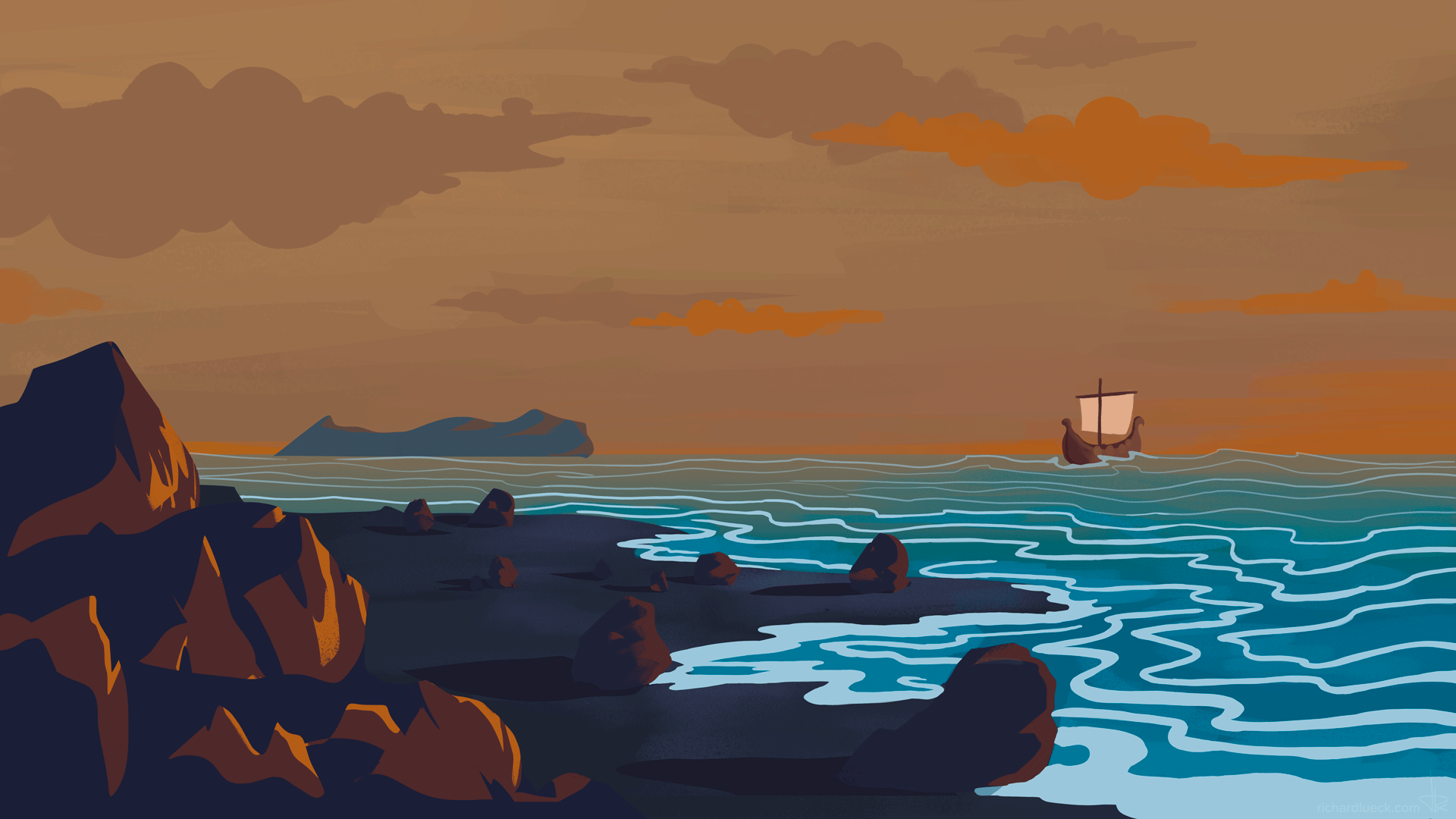 boat setting sail in the evening while the waves flood the beach 2D animation