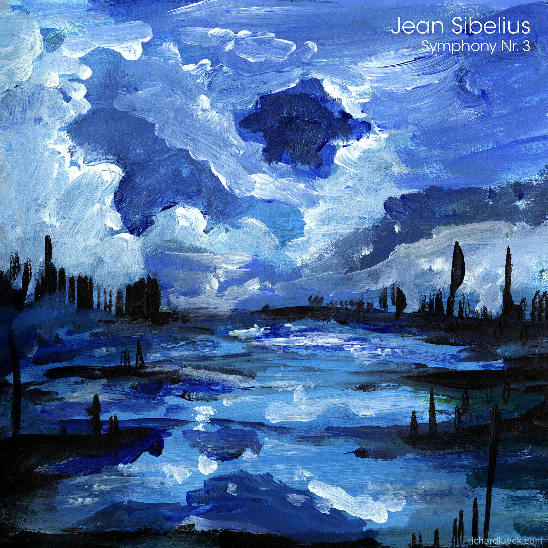 blue landscape with dark trees jean sibelius album cover