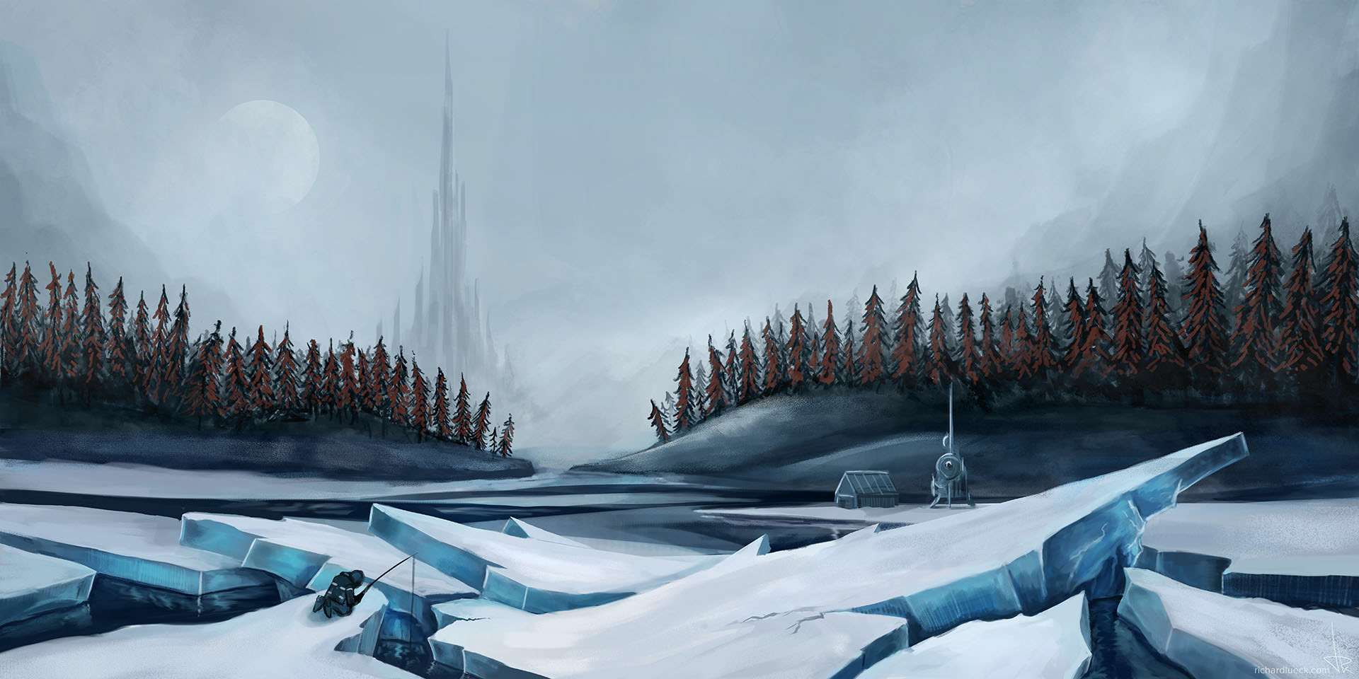 scifi landscape concept-art with forest and ice