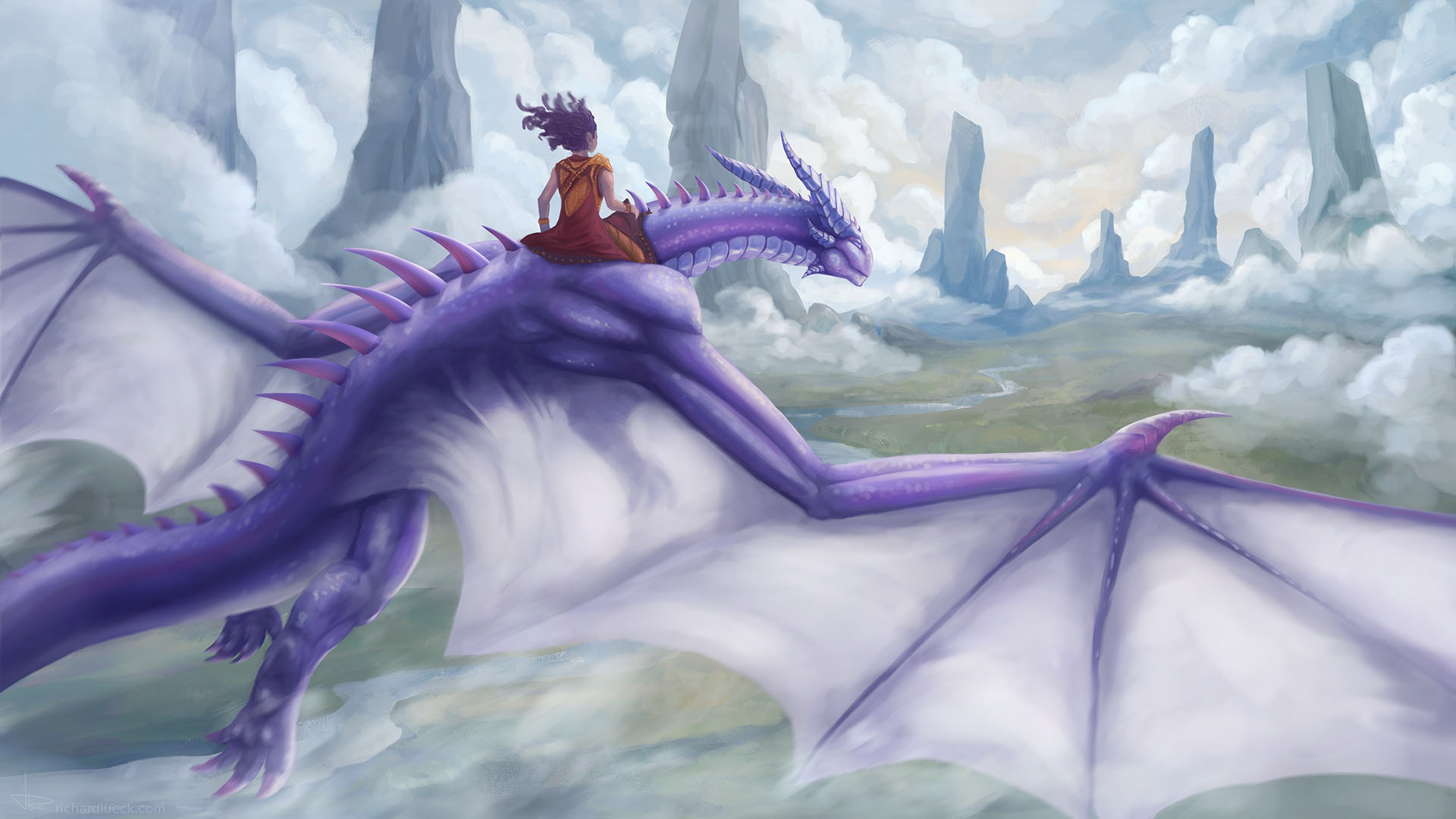 dragon rider girl rides towards cloudy sky