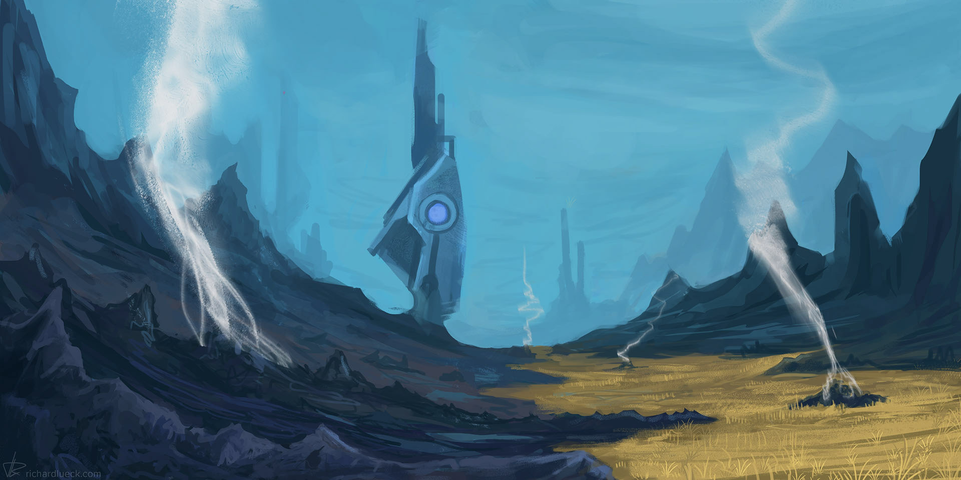 Scifi landscape Illustration with alien structure and geothermy