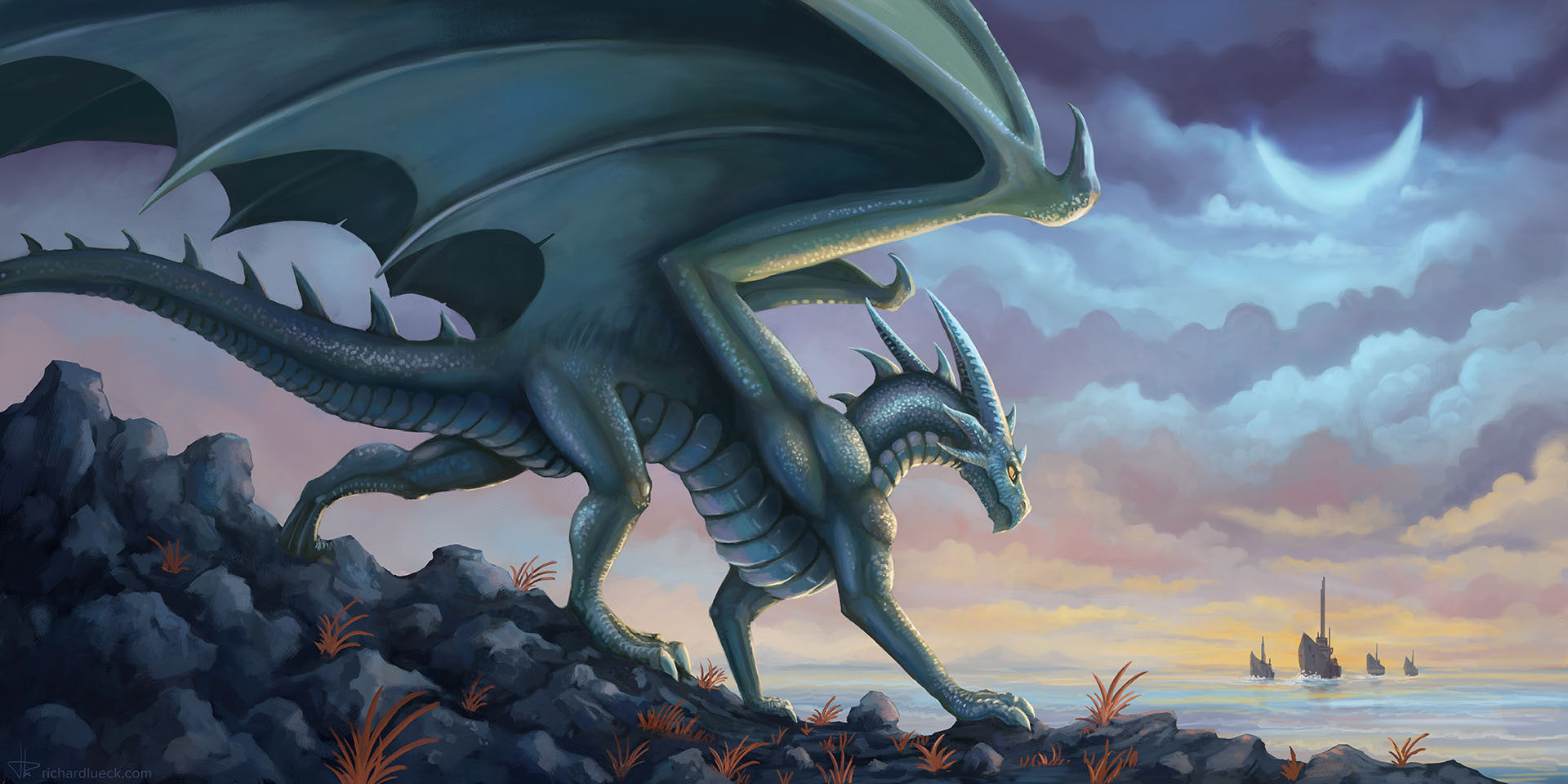 dragon waiting for the arrival of ships