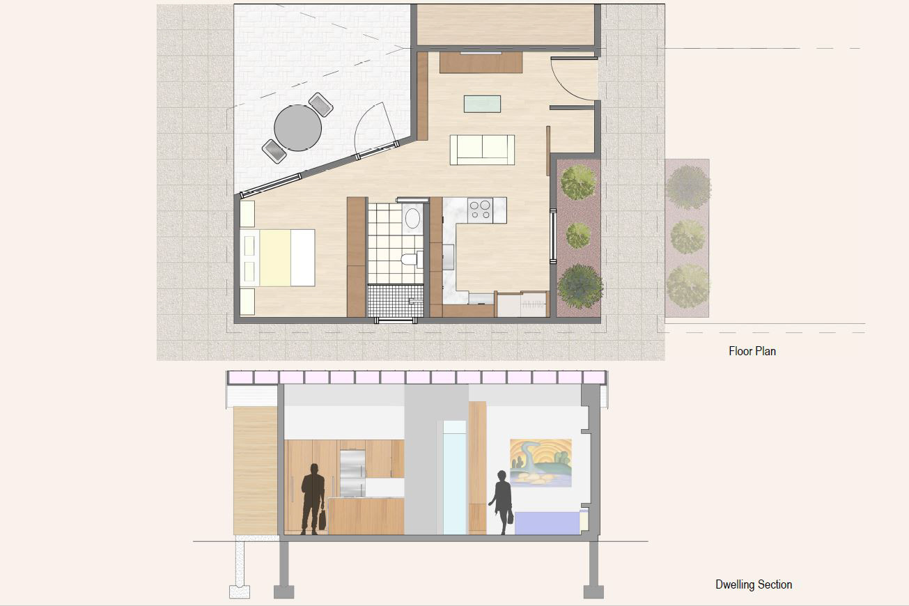 Floor Plan and South Section Renderings