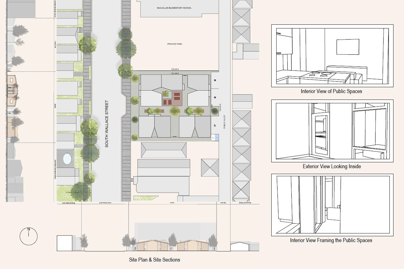 Site Plan, South and West Elevations, Interior and Exterior Perspectives