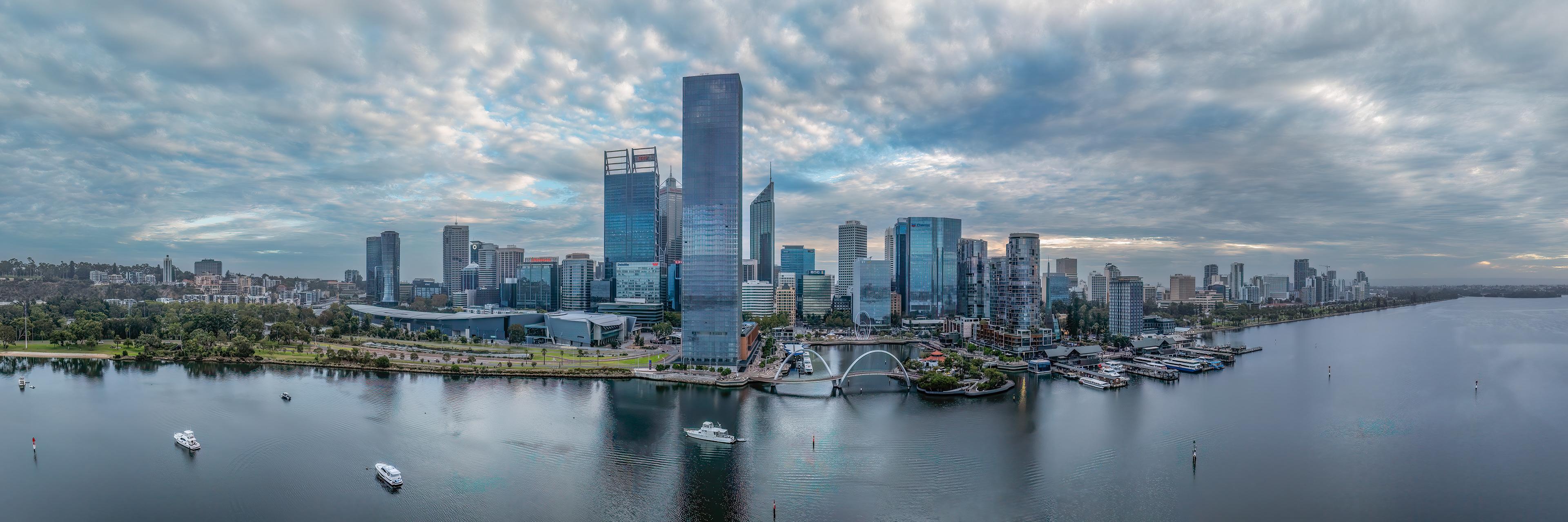 Drone HDR panorama of Perth City at sunrise in March of 2026.