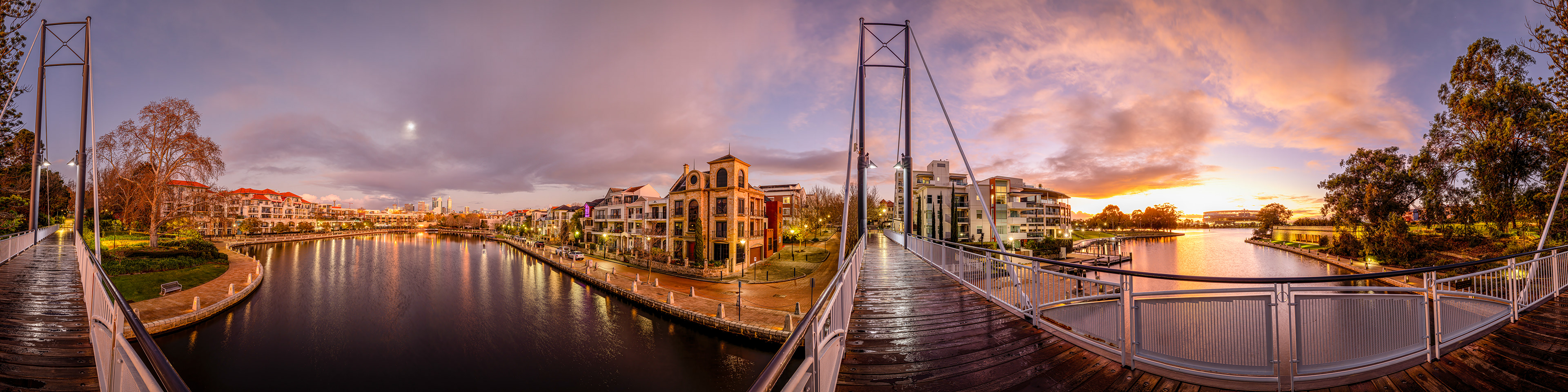 360 degrees sunrise panorama of Claisebrook Cove taken from the Trafalgar Pedestrian Bridge.