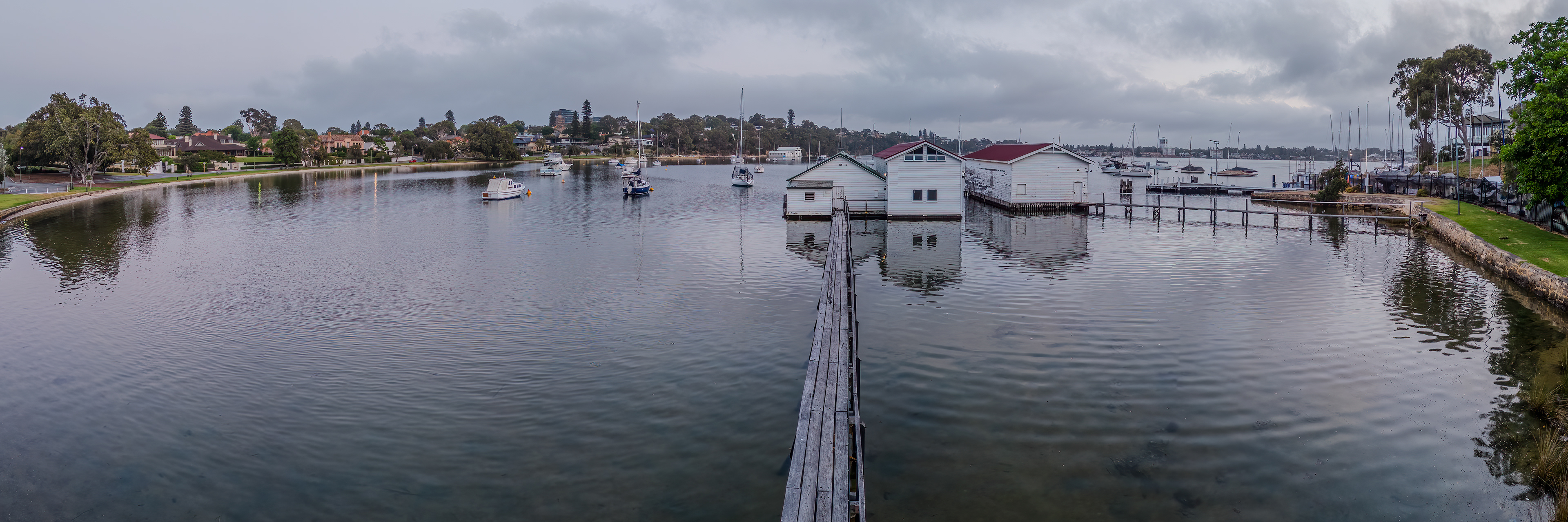 Drone panoramic HDR image of the wooden boat sheds at Freshwater Bay, Peppermint Grove, Western Australia.