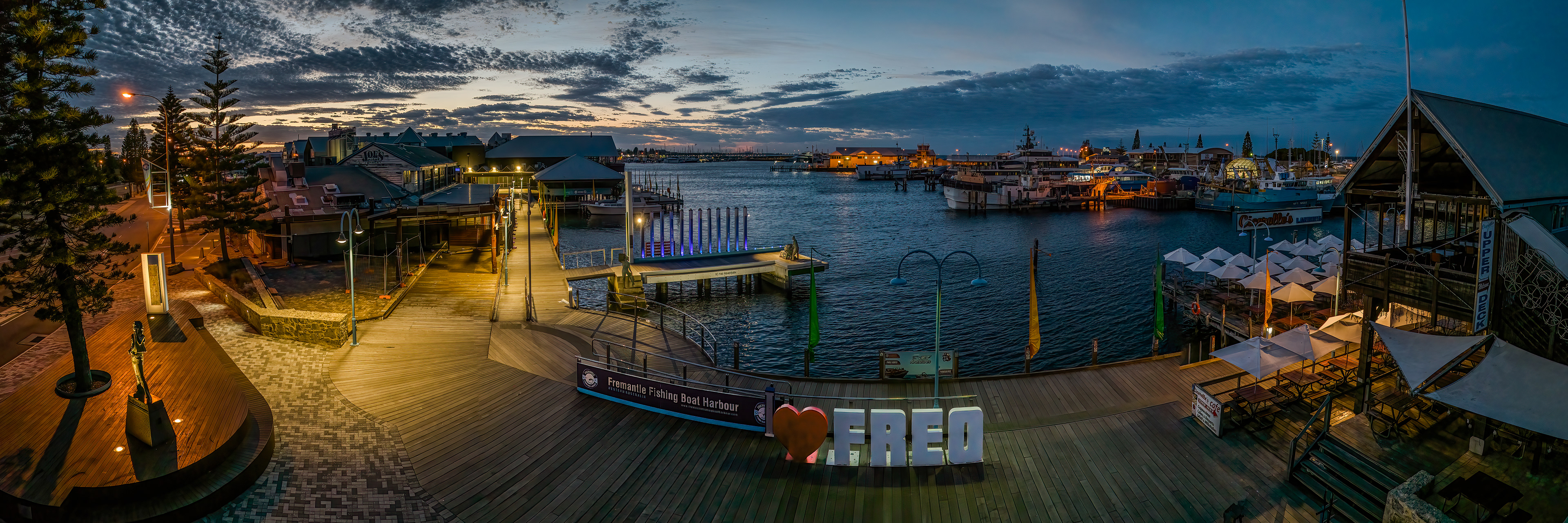 Panorama of Fremantle Fishing Boat Harbour, Western Australia.