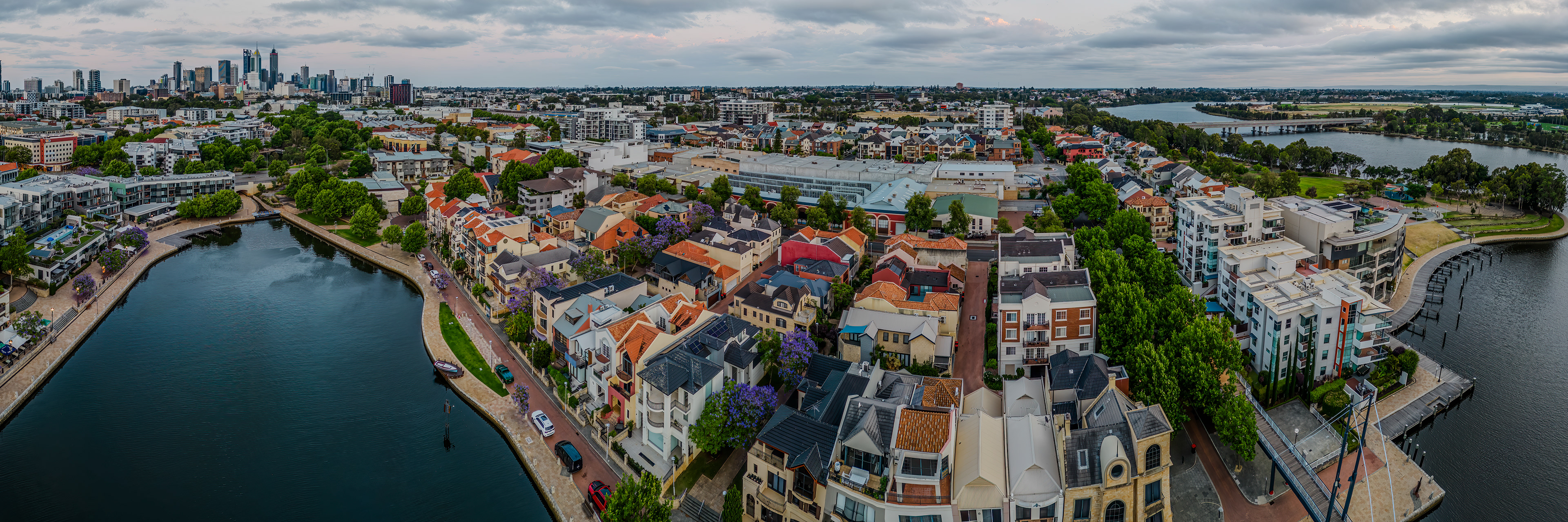 Sunrise drone panorama of Claisebrook Cove, East Perth
