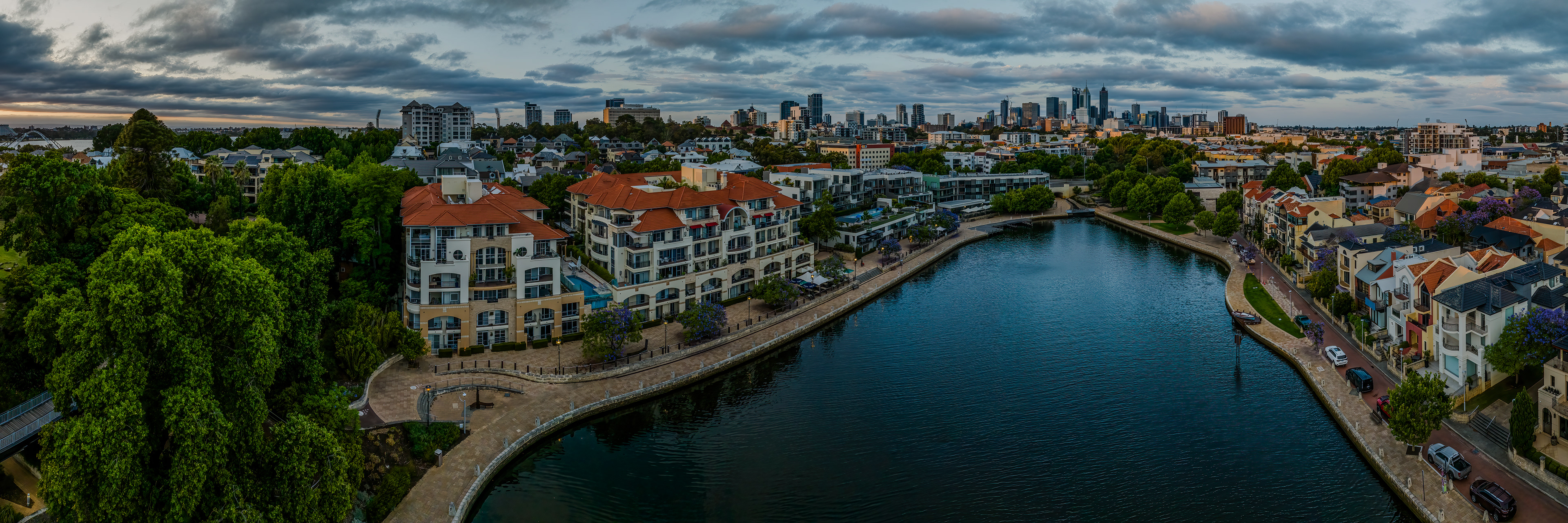 Sunrise drone panorama of Claisebrook Cove, East Perth
