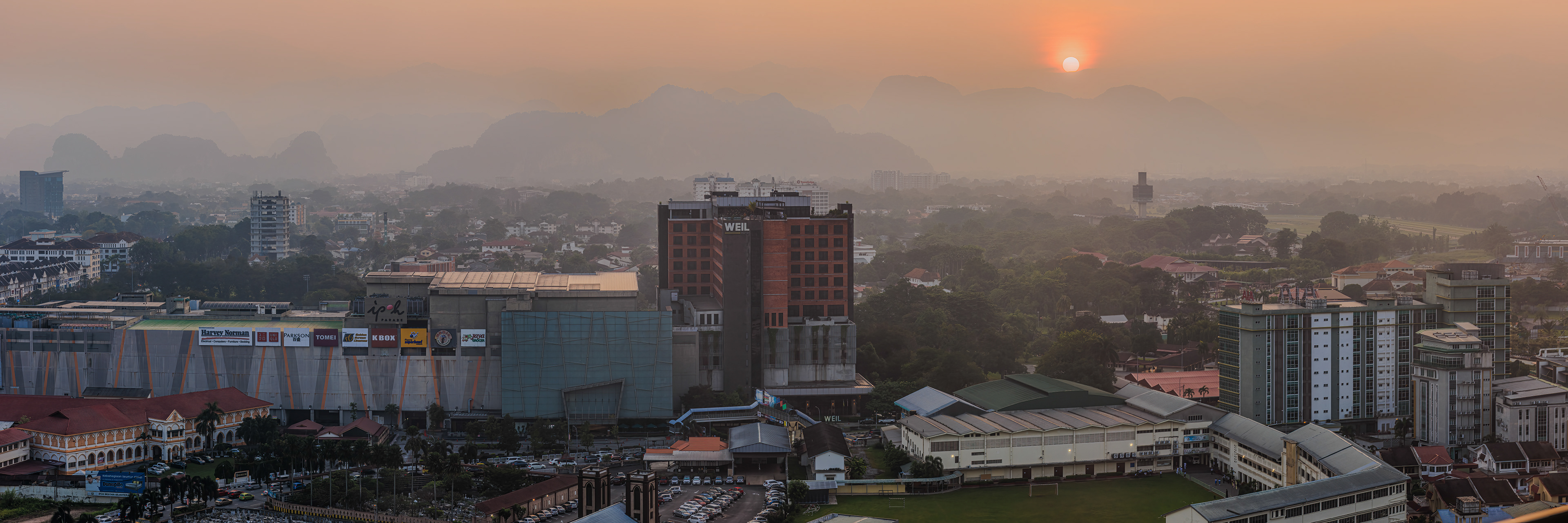 HDR hazy sunrise panorama of Ipoh Old Town, Ipoh, Perak, West Malaysia