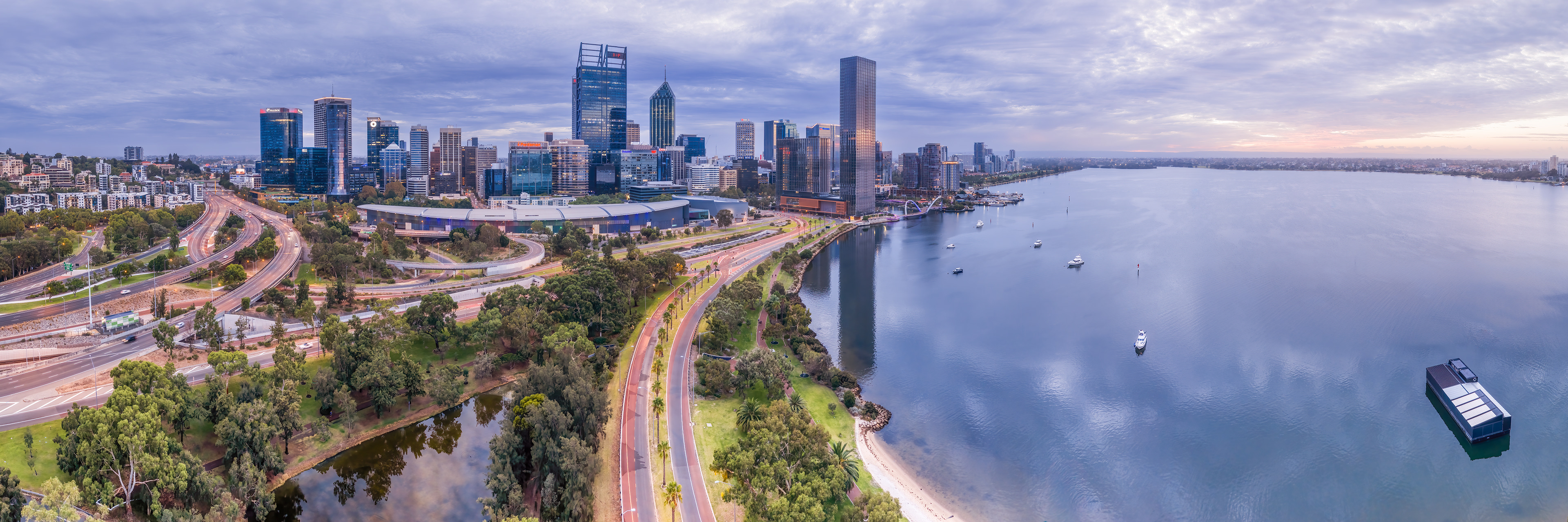 Perth coty skyline at sunrise in March 2026.