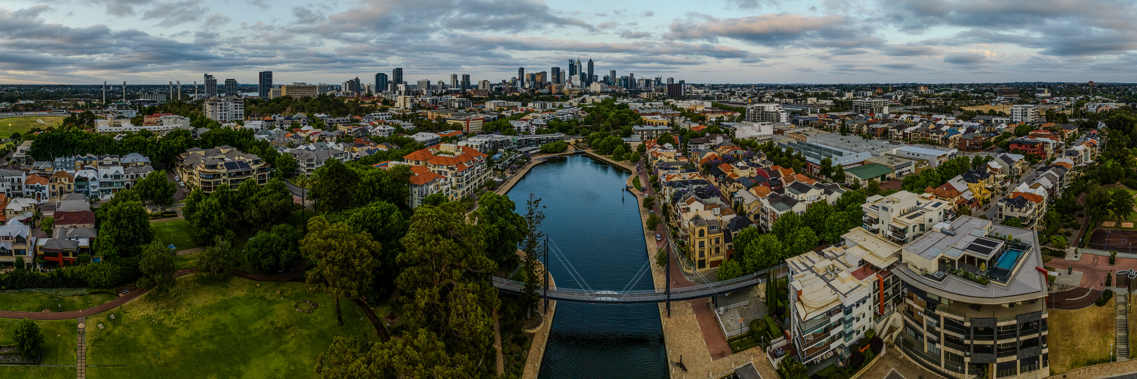 Sunrise drone panorama of Claisebrook Cove, East Perth