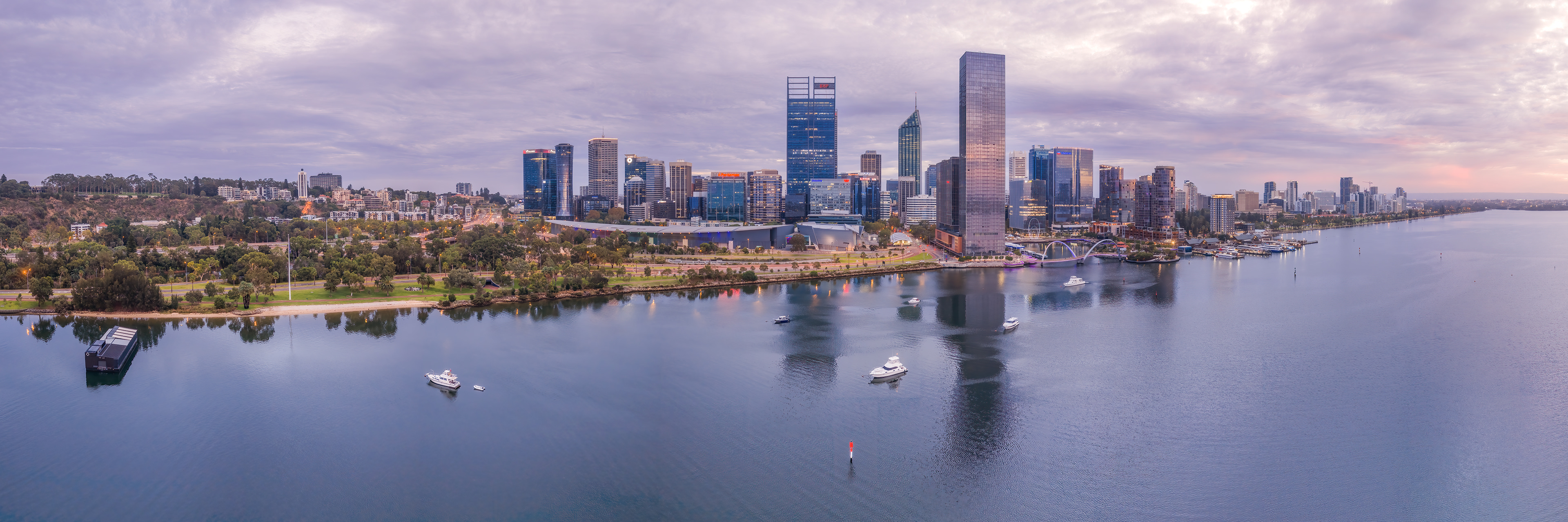 Perth skyline at sunrise along the Swan River in 2026.