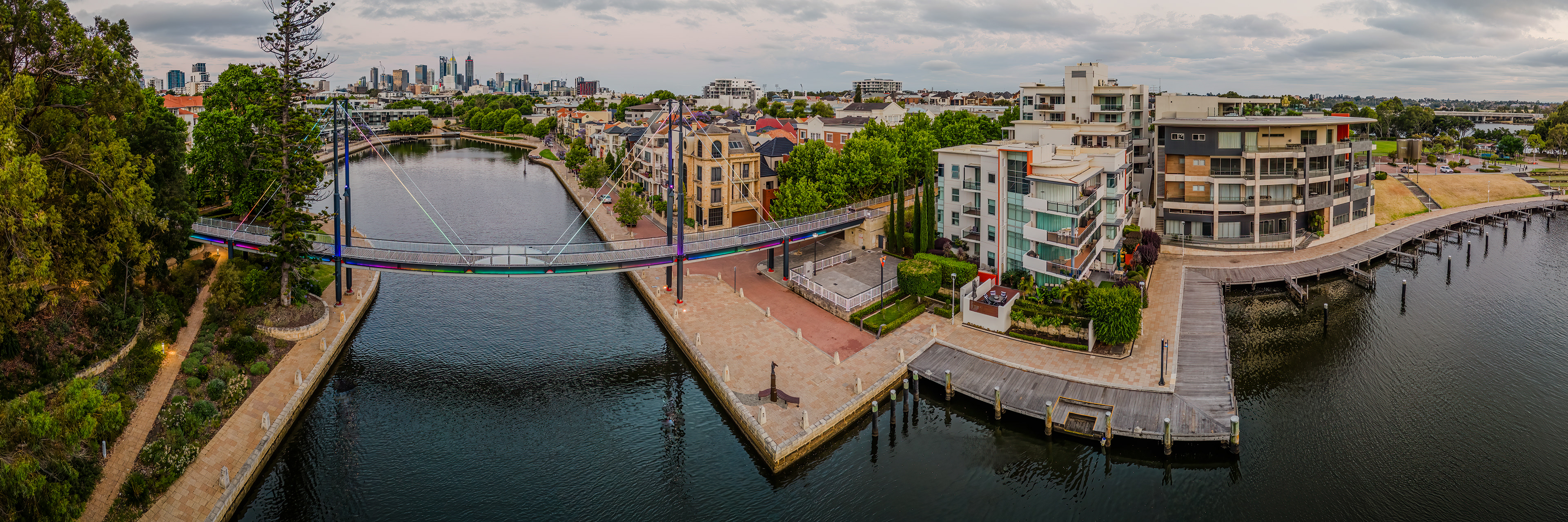 Sunrise drone panorama of Claisebrook Cove, East Perth