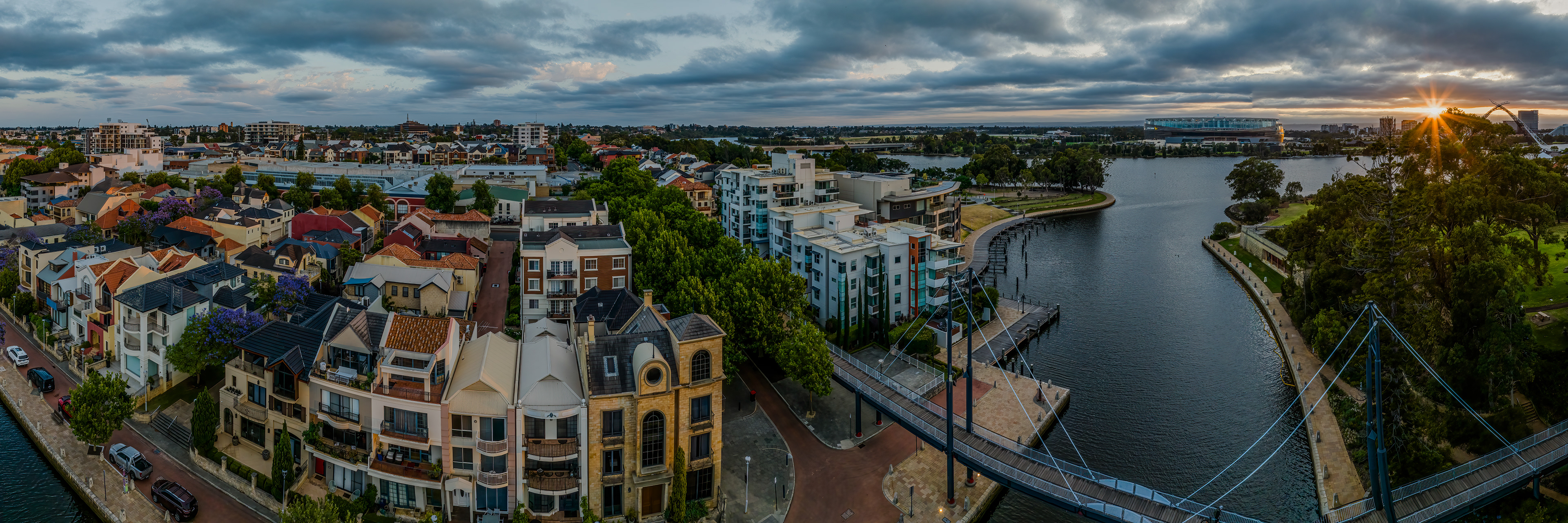 Sunrise drone panorama of Claisebrook Cove, East Perth