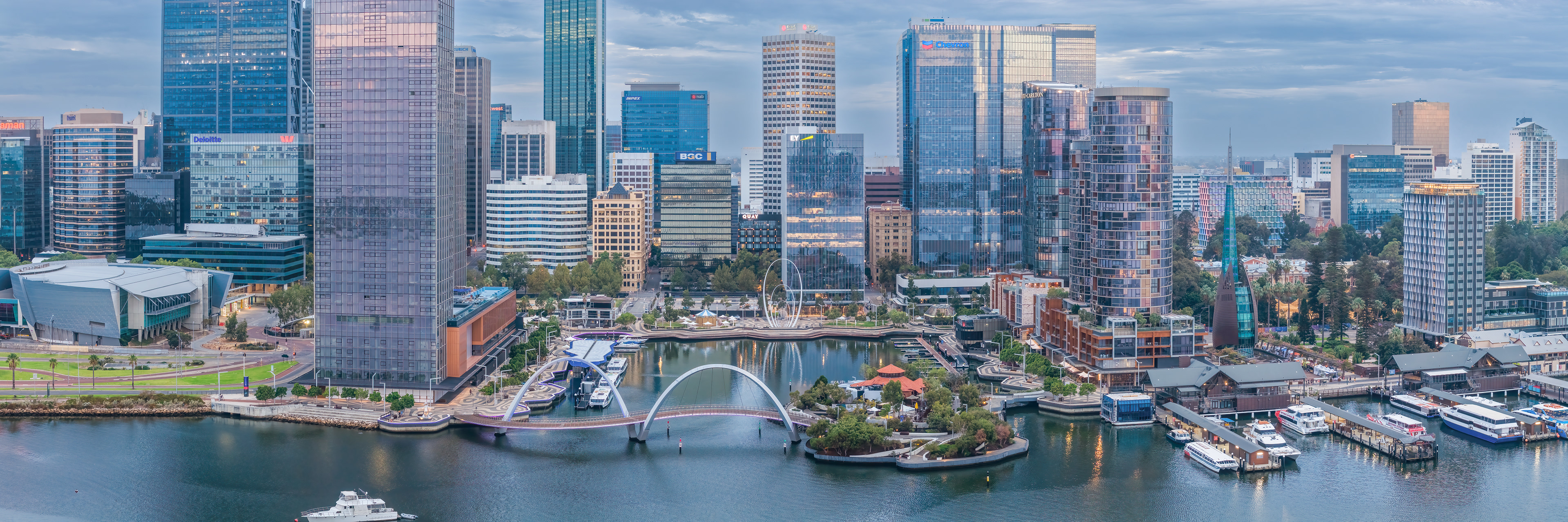 Sunrise panorama of Perth skyline at Elizabeth Quay, Perth, Western Australia (2026)