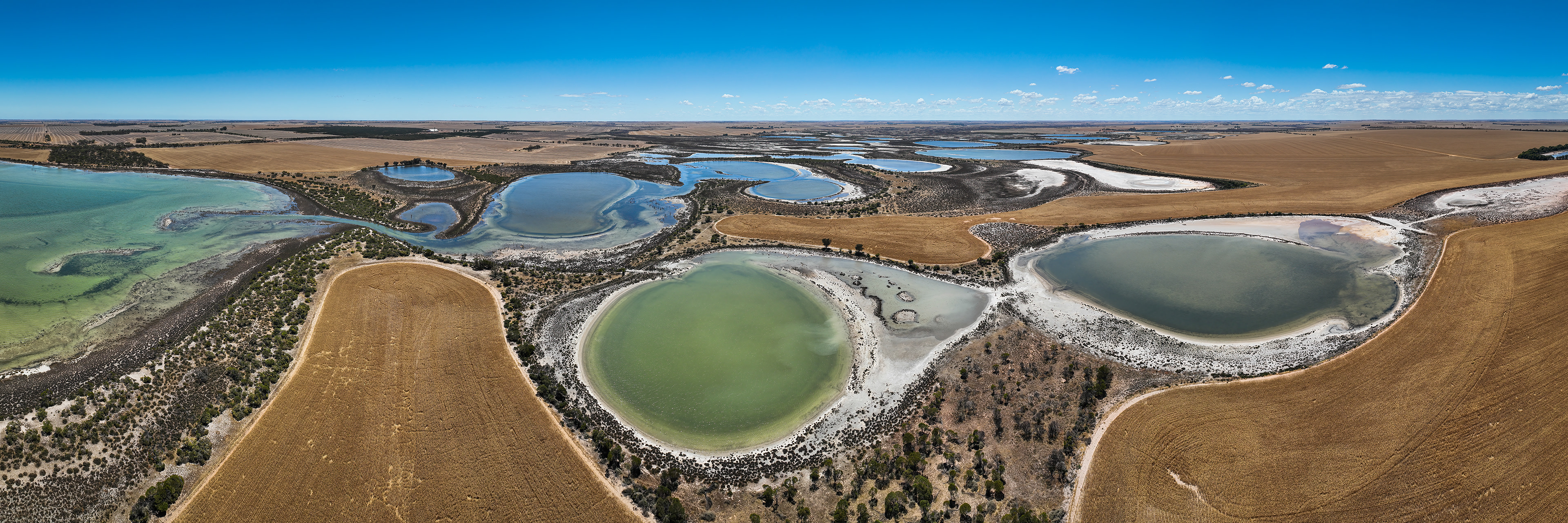 Drone panorama of salt lakes at Wongan Hills, Western Australia