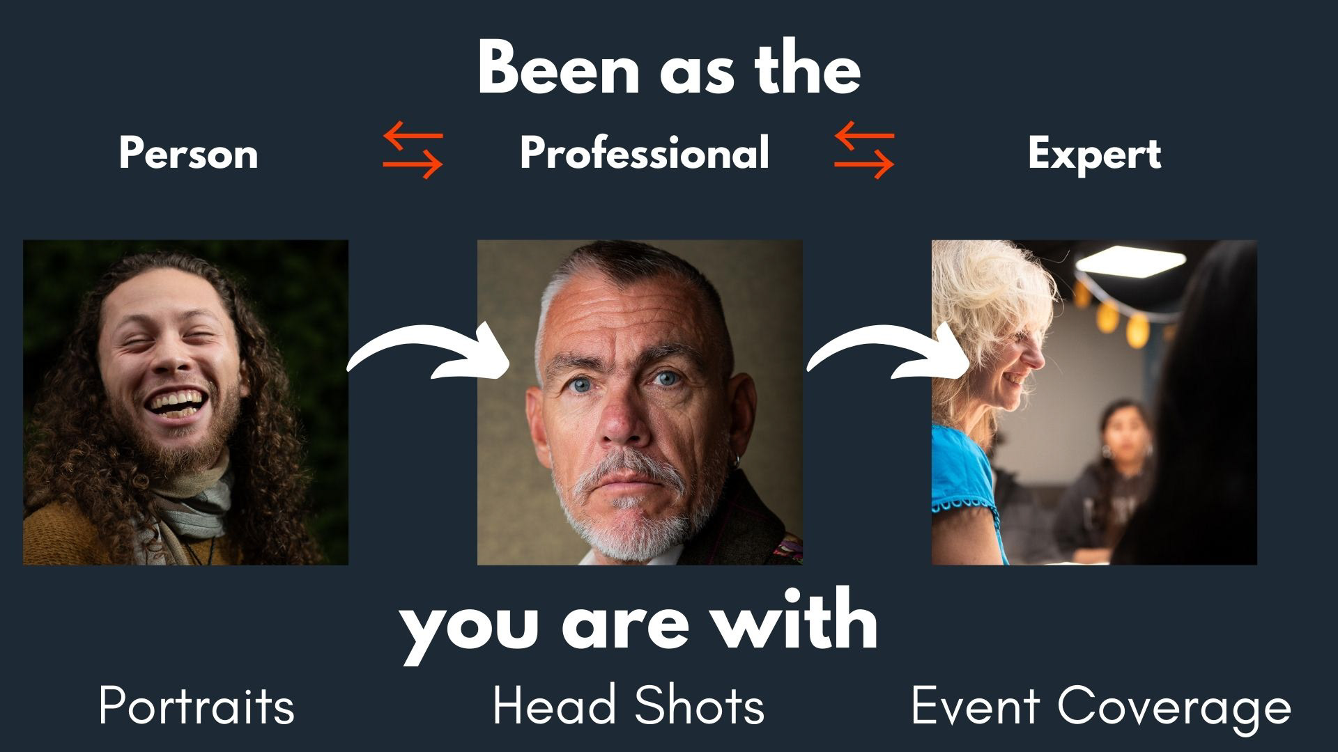 Image Reads: Be Seen as the Person, Professional, Expert you are with Portraits, Headshots and Event Coverage. 
