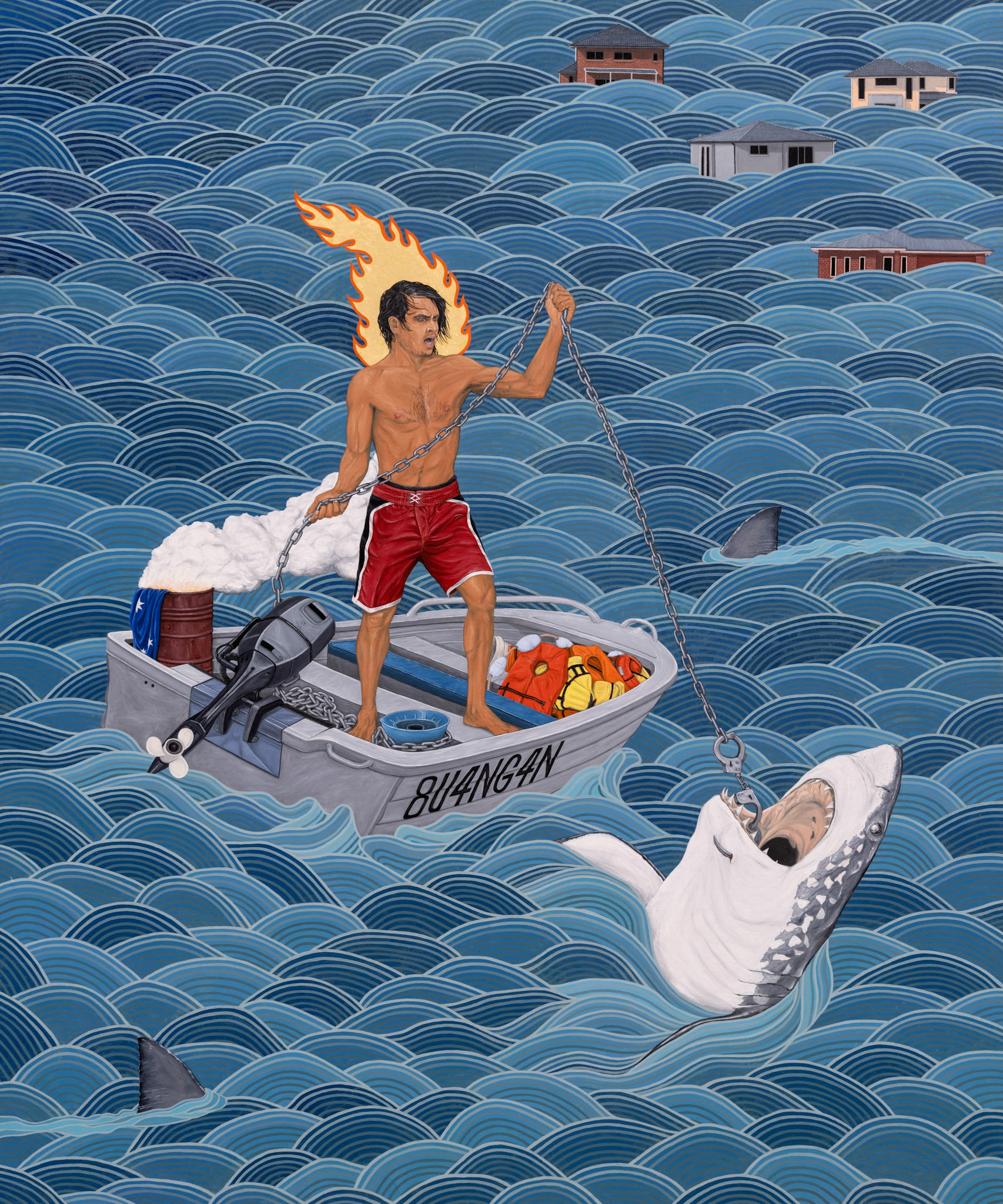 'A day at the beach (Get off my wave)' 2021, oil and gold leaf on polyester