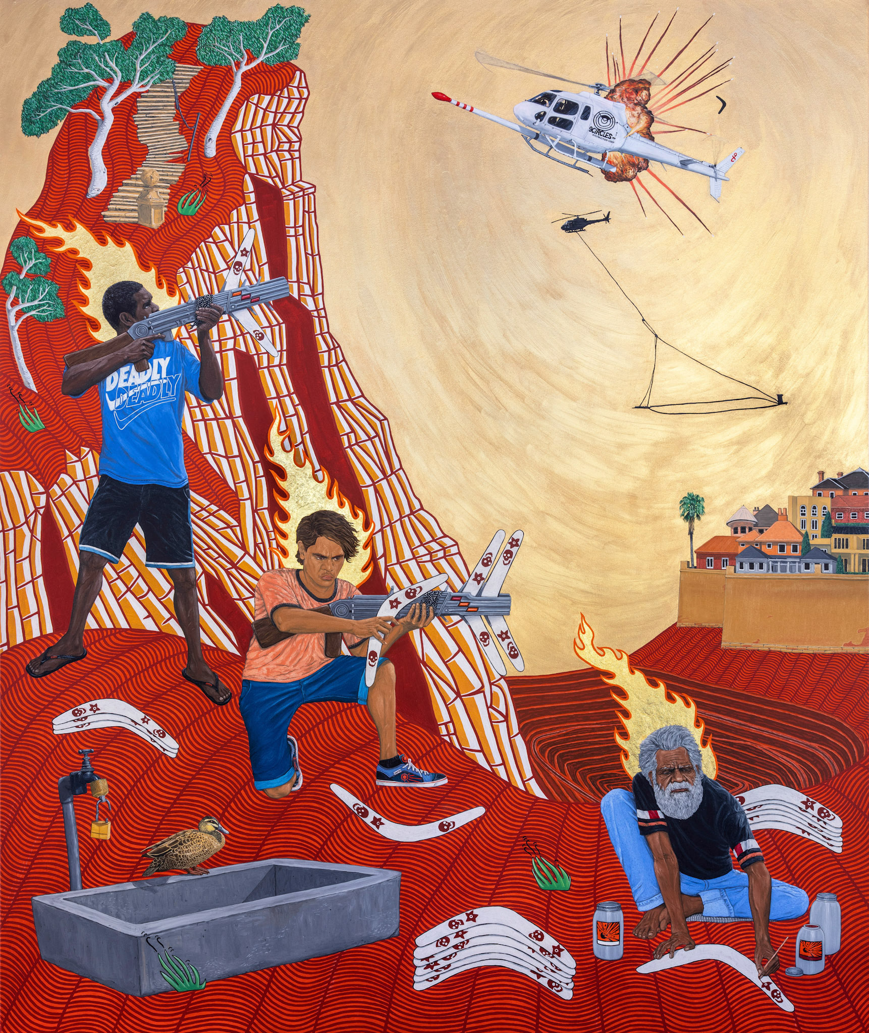 'Aeronautics (what goes around comes around)' 2020, oil and gold leaf on polyester