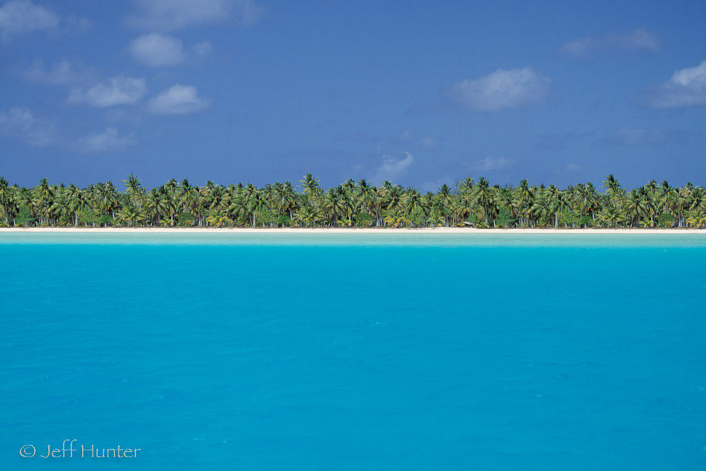 tropical blue water with an island with palm trees and blue sky