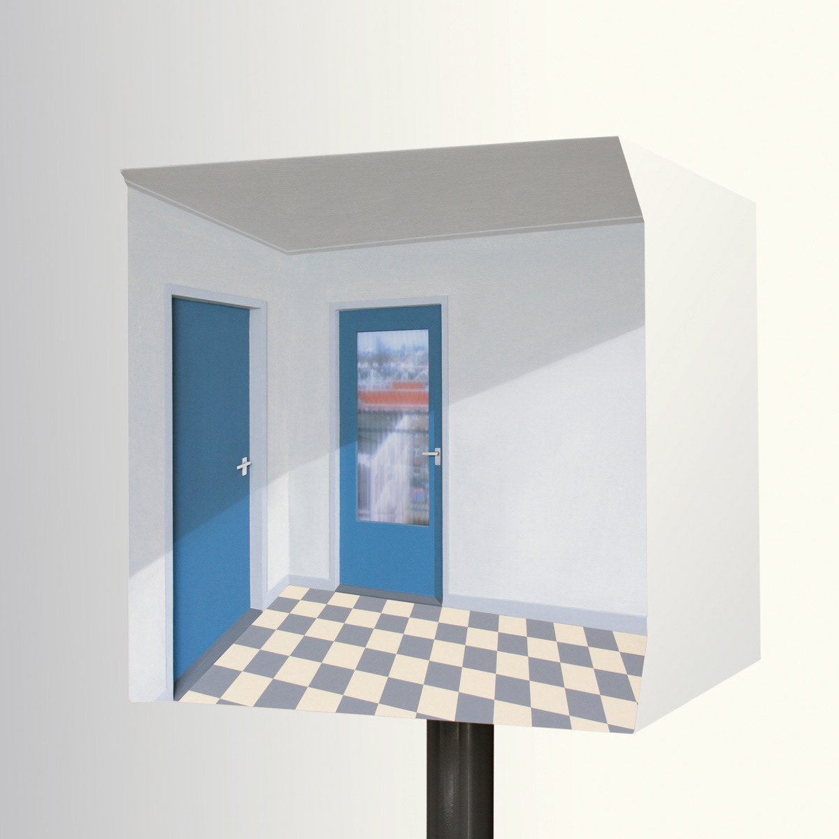 Balkon, 2007. Mdf, Verf, Kuststof, B.-60 H.-55 D.-50 Cm. Tv-Monitor waarop straat met verkeer.