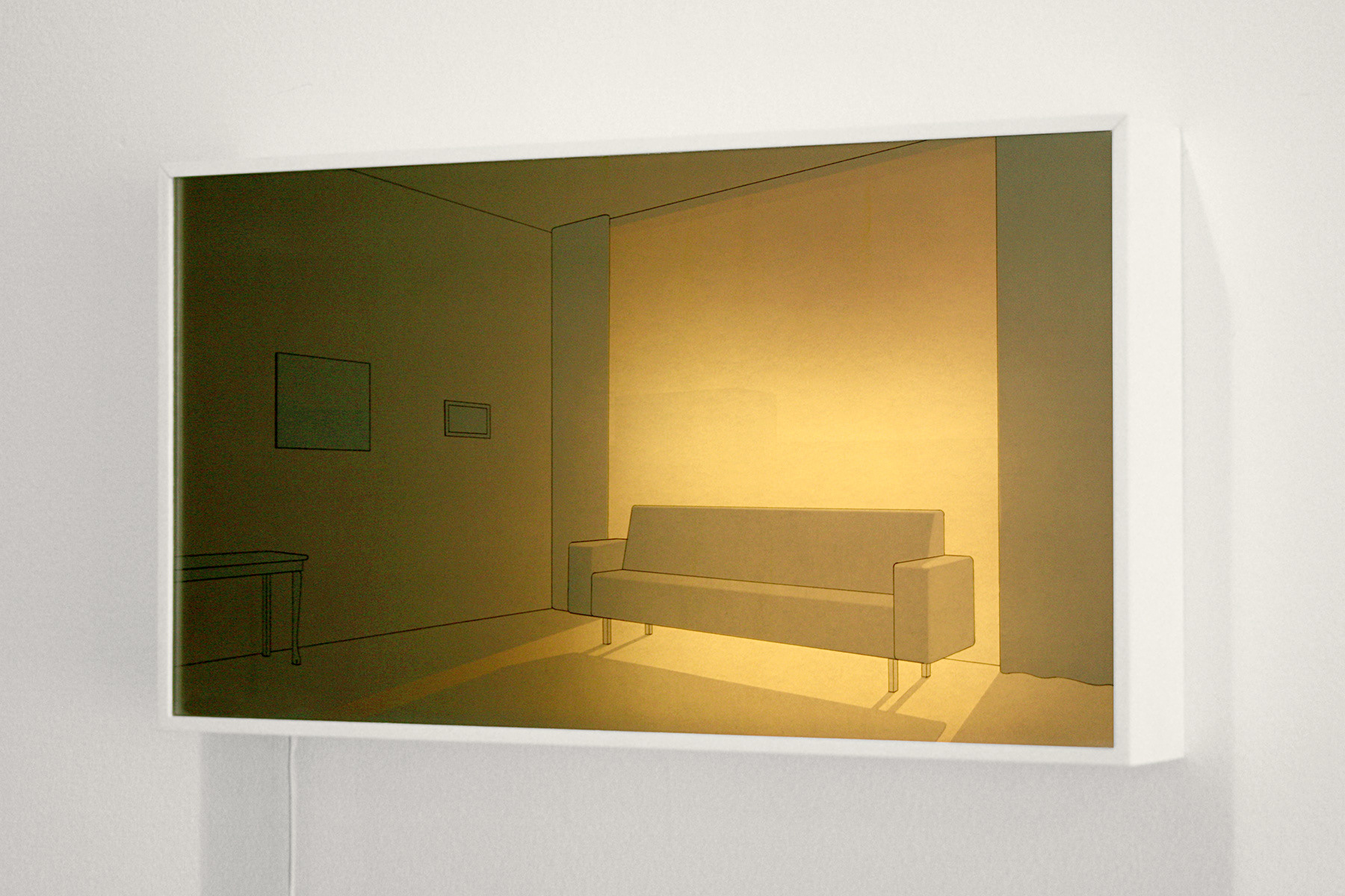 Lichtbak-Kamer Van De Verzamelaar, 2007. Potlood Op Papier, Glas, Tl-Lampen, B.-60 H.-30 D.-8 Cm. 