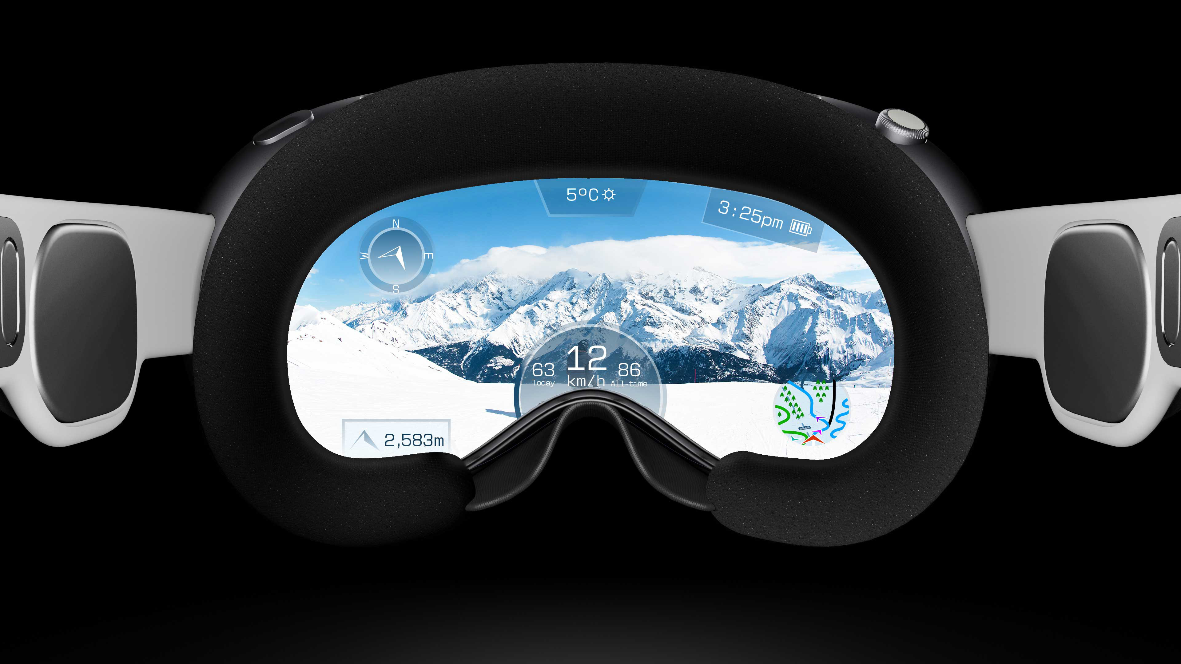 Camera rotates around to the back of the goggles. In the lens appears a POV video from a skier on a mountain.