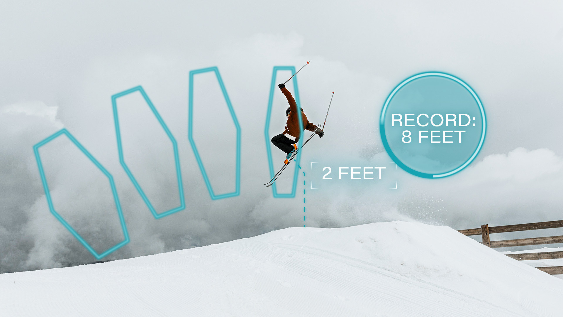 Music slows down with slow motion shot of friend 2 jumping through digital hoop visual effects, showing the immersive experience of the goggles once more. Digital stats appear showing how high the skier is jumping with a circle lighting up as they get closer to their record. Music speeds up again when they land.