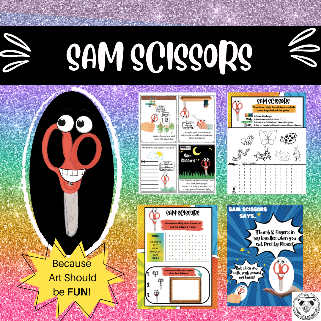 This is an advertisement for Sam Scissors, a School Box Friend. It shows Sam Scissors with big eyes and a toothy grin. There is a 4 page interactive book, Activity page with a cutting exercise, wordsearch and drawing steps, and a poster pictured.