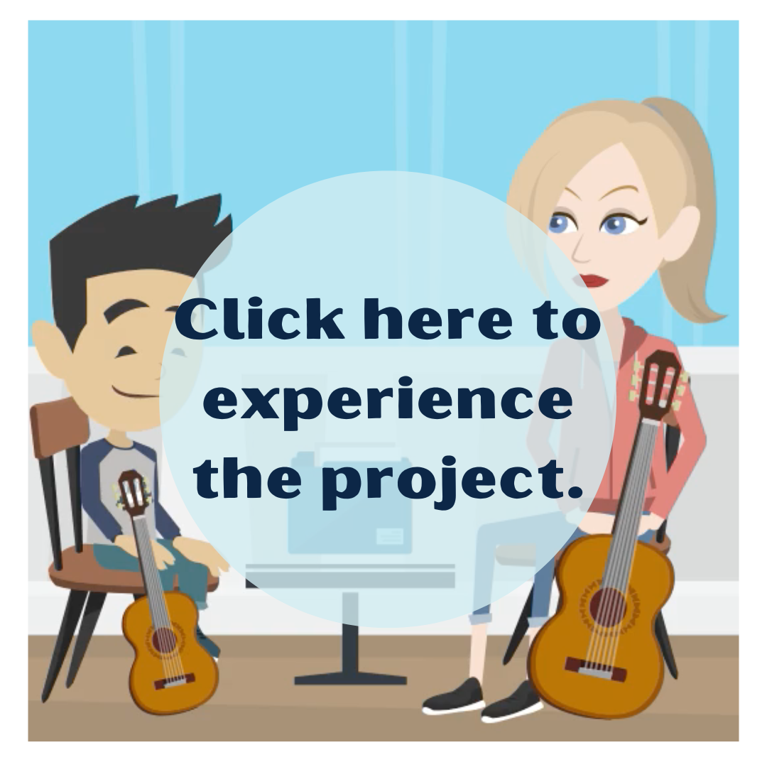 This image is also a link. It is a picture of an animated female guitar teacher seated with a small boy who is also holding a guitar. There is a circle on the image that says, "Click here to experience the project." 
