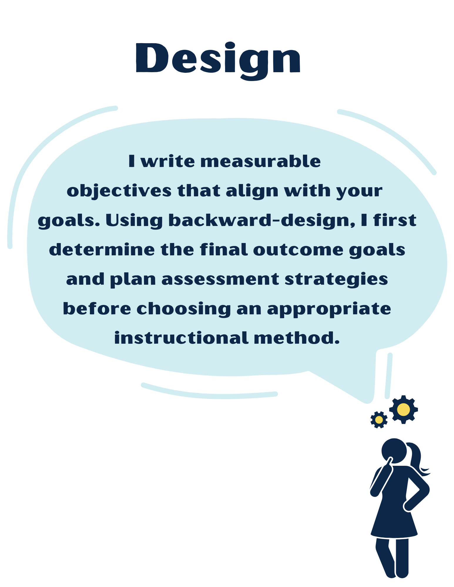 I write measurable  objectives that align with your  goals. Using backward-design, I first determine the final outcome goals and plan assessment strategies before choosing an appropriate instructional method. Image is of stick figure woman thinking with gears moving above her head.