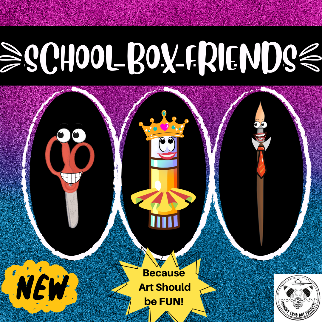 This is an image of an advertisement for "School Box Friends", which is a scissors, gluestick, and paintbrush with facial features and clothes. It says, "New" and "because art should be fun" below.  These characters help students learn how to use their art supplies.