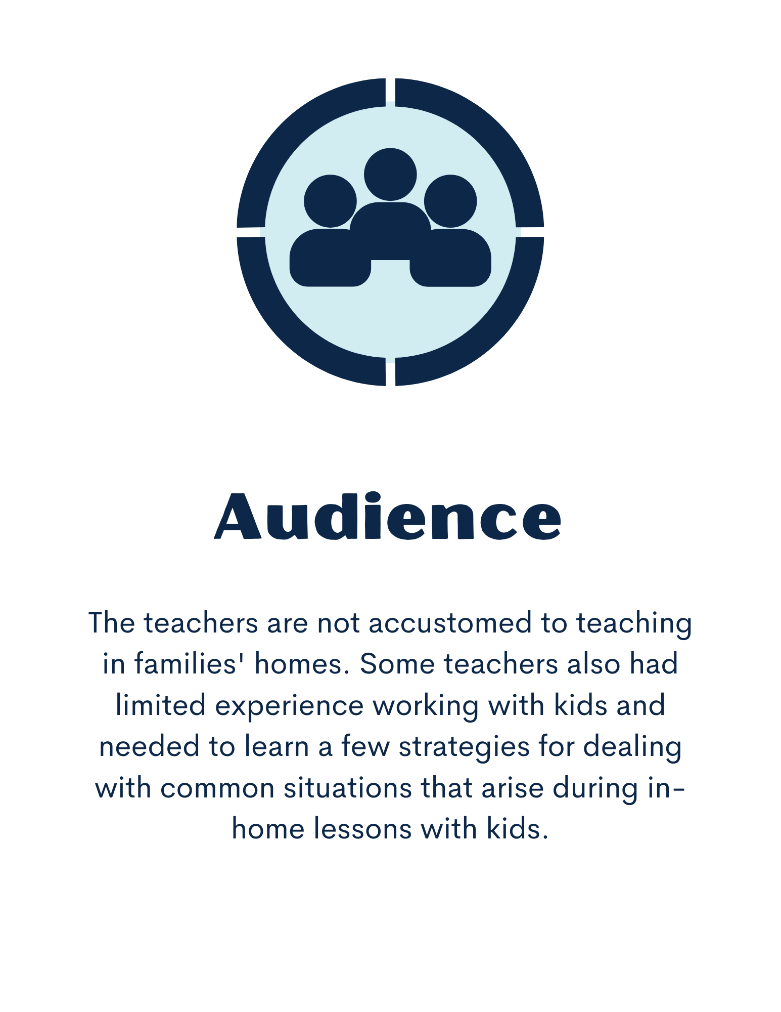 Audience: The teachers are not accustomed to teaching in families' homes. Some teachers also had limited experience working with kids and needed to learn a few strategies for dealing with common situations that arise during in-home lessons with kids. Image is of 3 figures in a circle.