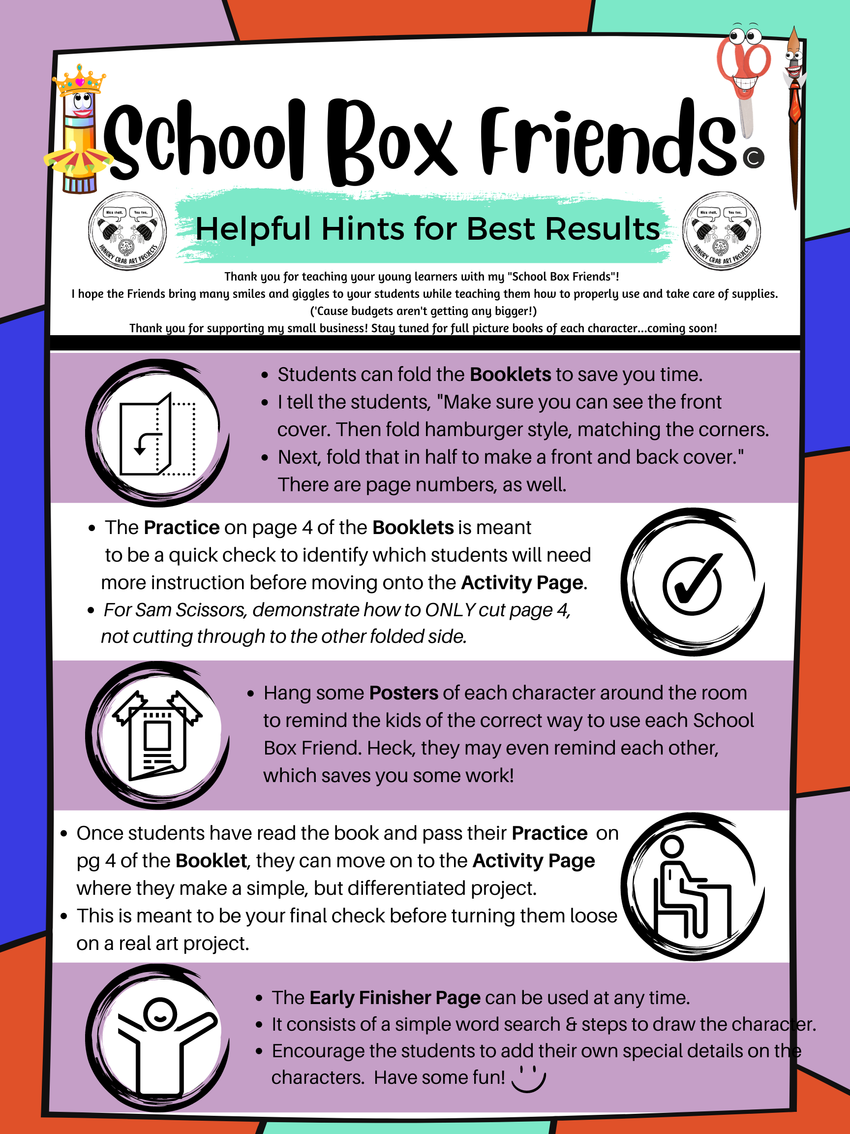 This is an image of a job aid titled, "School Box Friends, Helpful Hints for Best Results" It has 5 Tips, complete with icons, bolded key points, and details to support the use of the resources. 