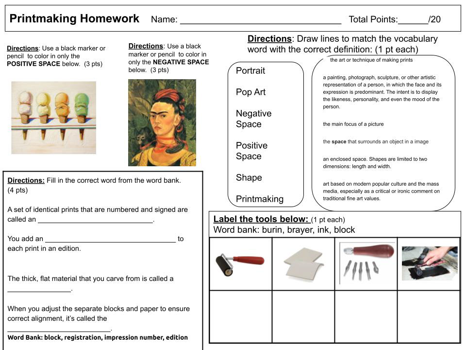 This is a printmaking homework sheet created for high school students. It is interactive and accessible for diverse learners. Word banks are included for all activities. Activities include labeling, coloring in positive and negative space, matching vocabulary to definitions, and fill in the blank. 