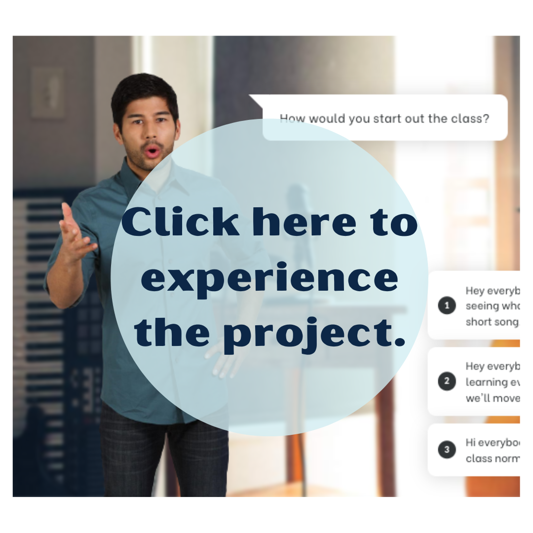 This is an image with a link. It has a photo of the scenario of the course. A man is asking a question in a music studio. There is a circle that says, "Click here to experience the project."
