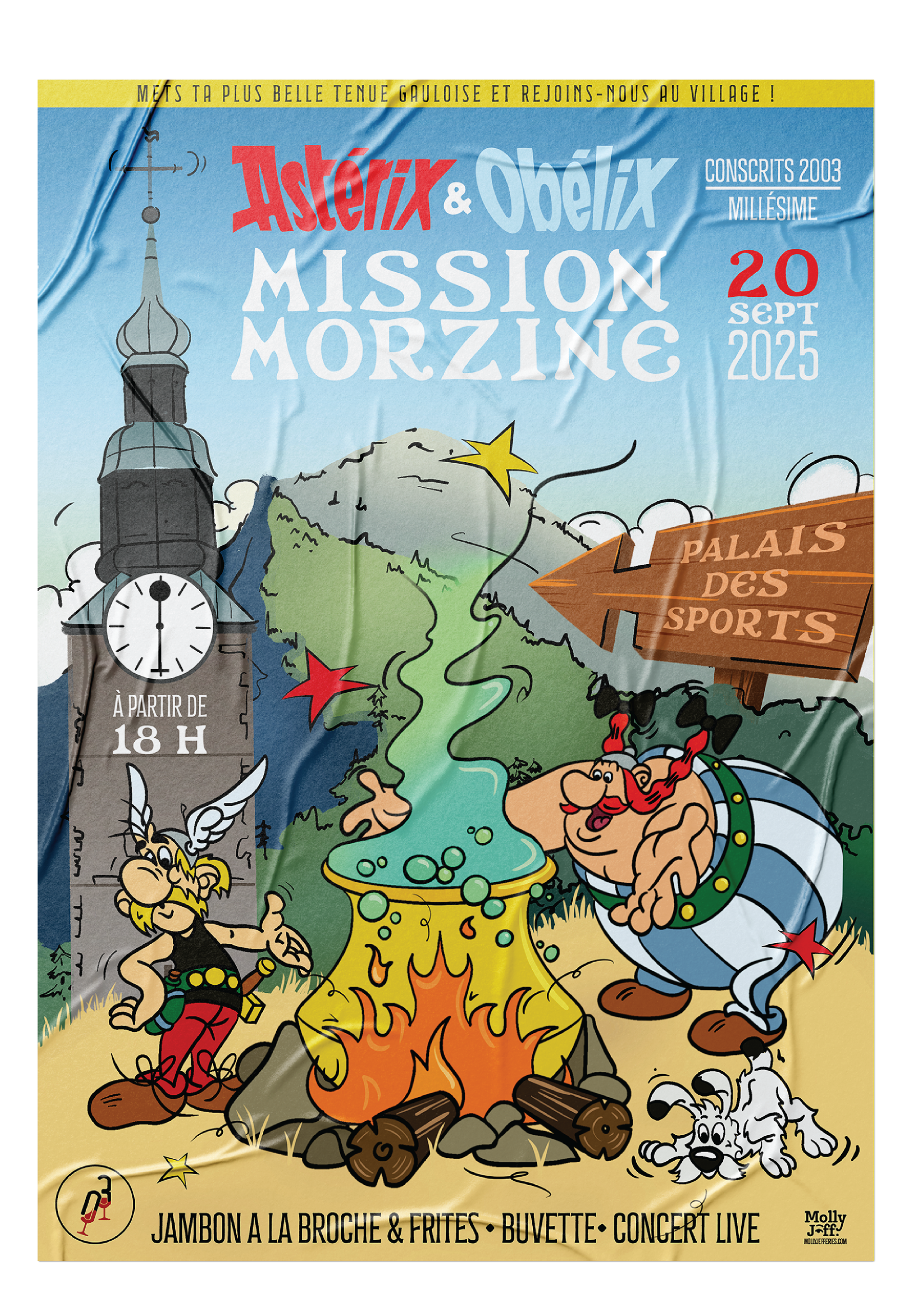Poster design for an upcoming event in Morzine, custom illustrations for the Astérix & Obélix party theme 